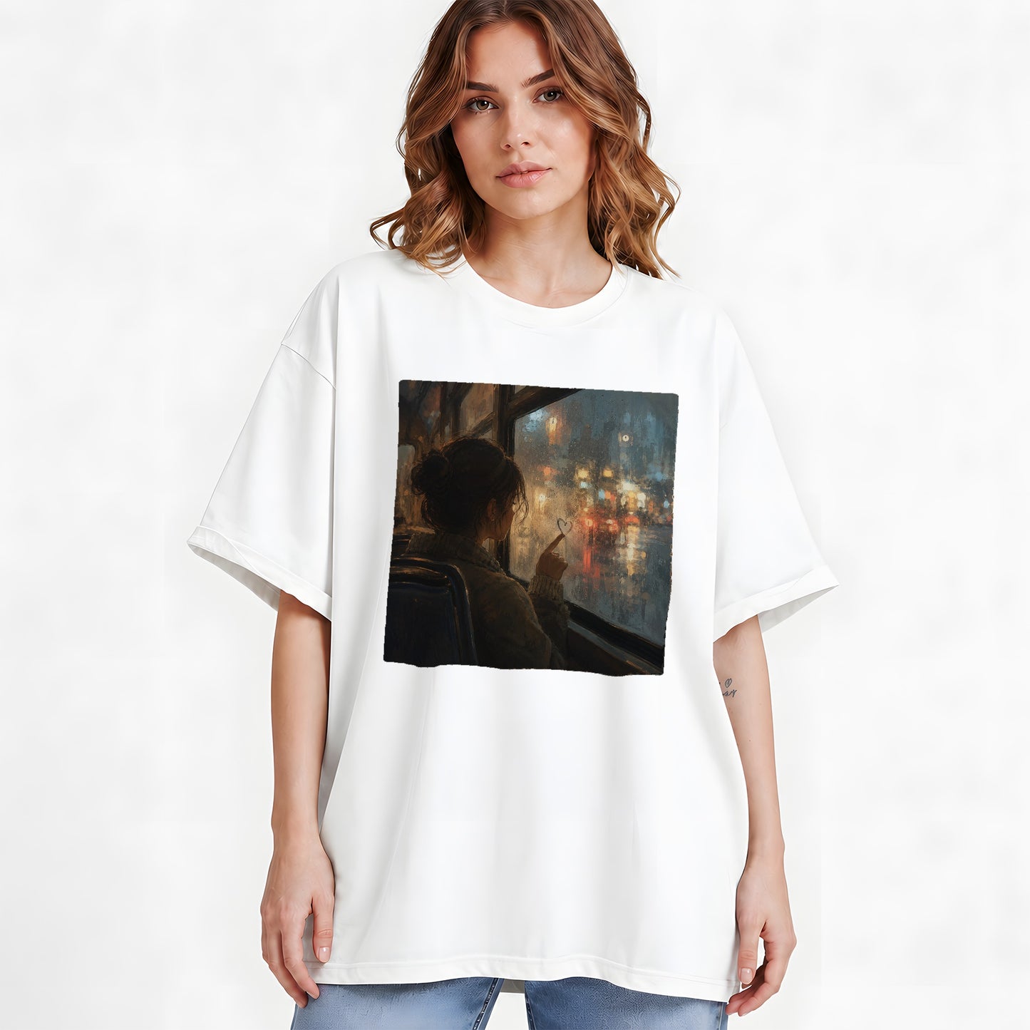 #pl[White] Rainy Window Heart Graphic T-Shirt, Rainy Night City Art