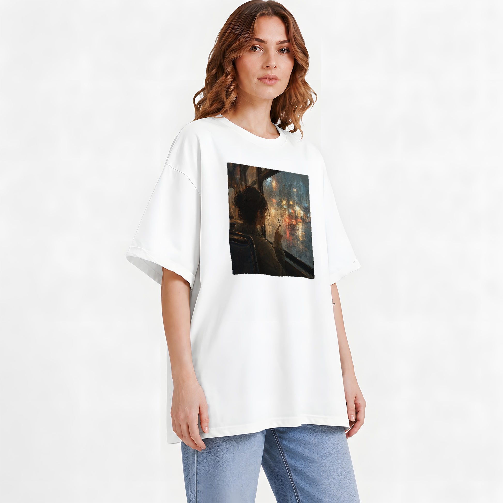 #pl[White] Rainy Window Heart Graphic T-Shirt, Rainy Night City Art