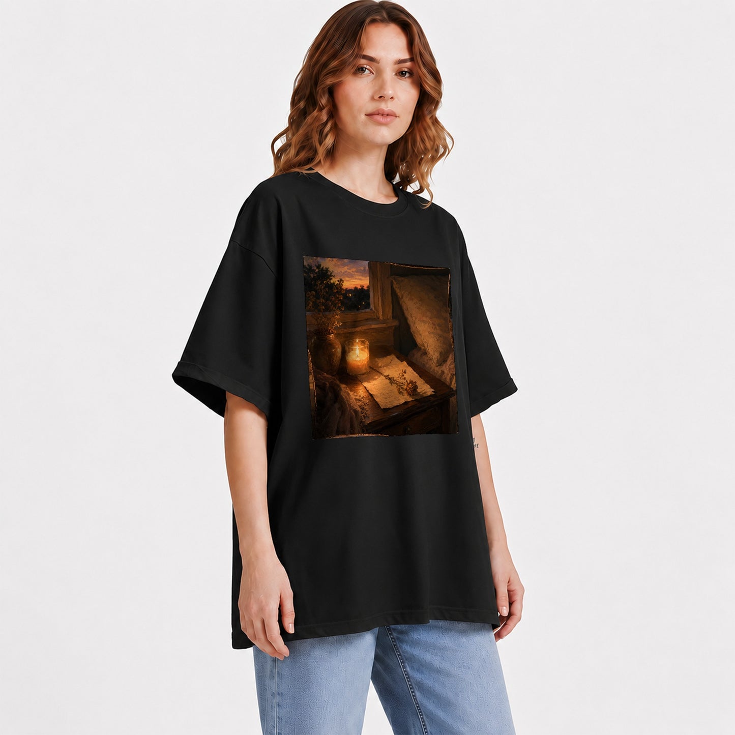 #pl[Black] Candlelit Letter Rose Graphic T-Shirt, Cozy Sunset Bedroom Art