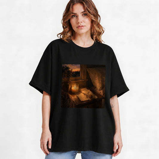 #pl[Black] Candlelit Letter Rose Graphic T-Shirt, Cozy Sunset Bedroom Art