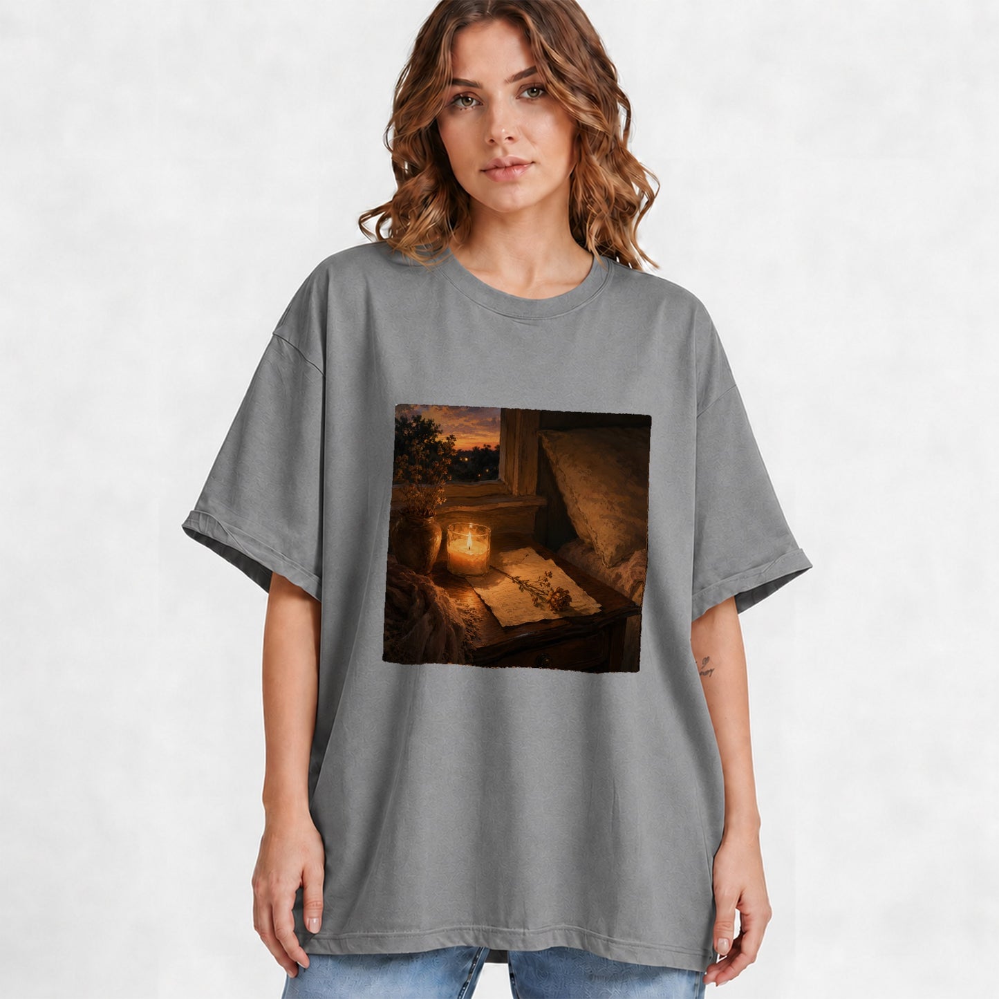 #pl[Gray] Candlelit Letter Rose Graphic T-Shirt, Cozy Sunset Bedroom Art