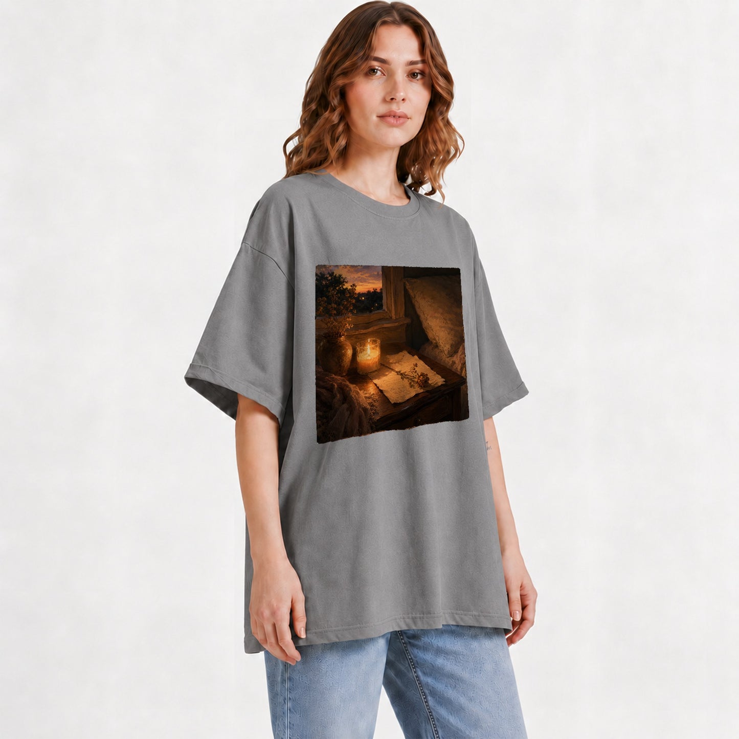 #pl[Gray] Candlelit Letter Rose Graphic T-Shirt, Cozy Sunset Bedroom Art