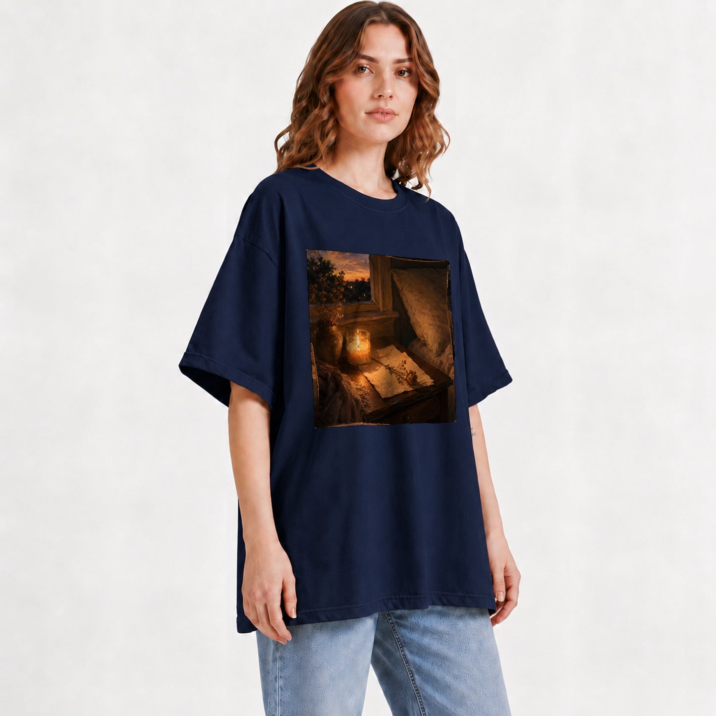 #pl[Navy] Candlelit Letter Rose Graphic T-Shirt, Cozy Sunset Bedroom Art