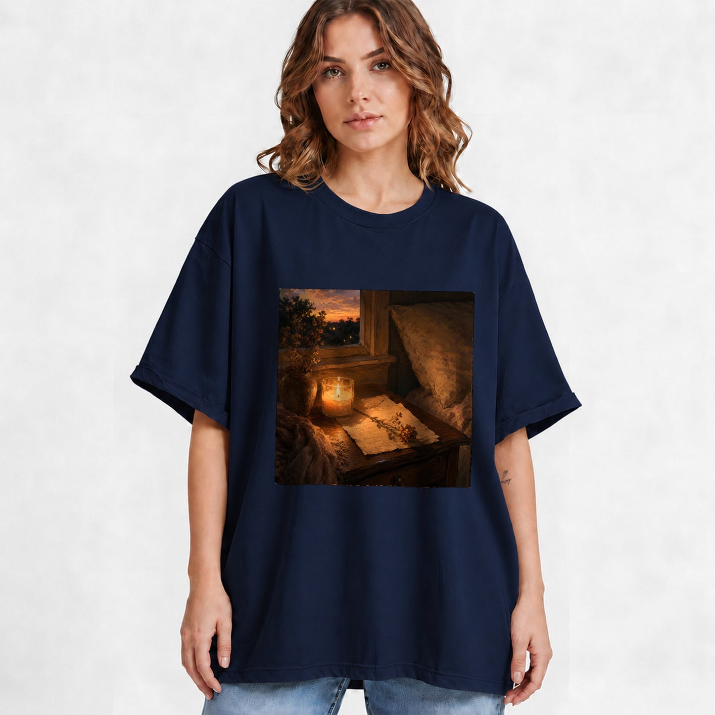 #pl[Navy] Candlelit Letter Rose Graphic T-Shirt, Cozy Sunset Bedroom Art