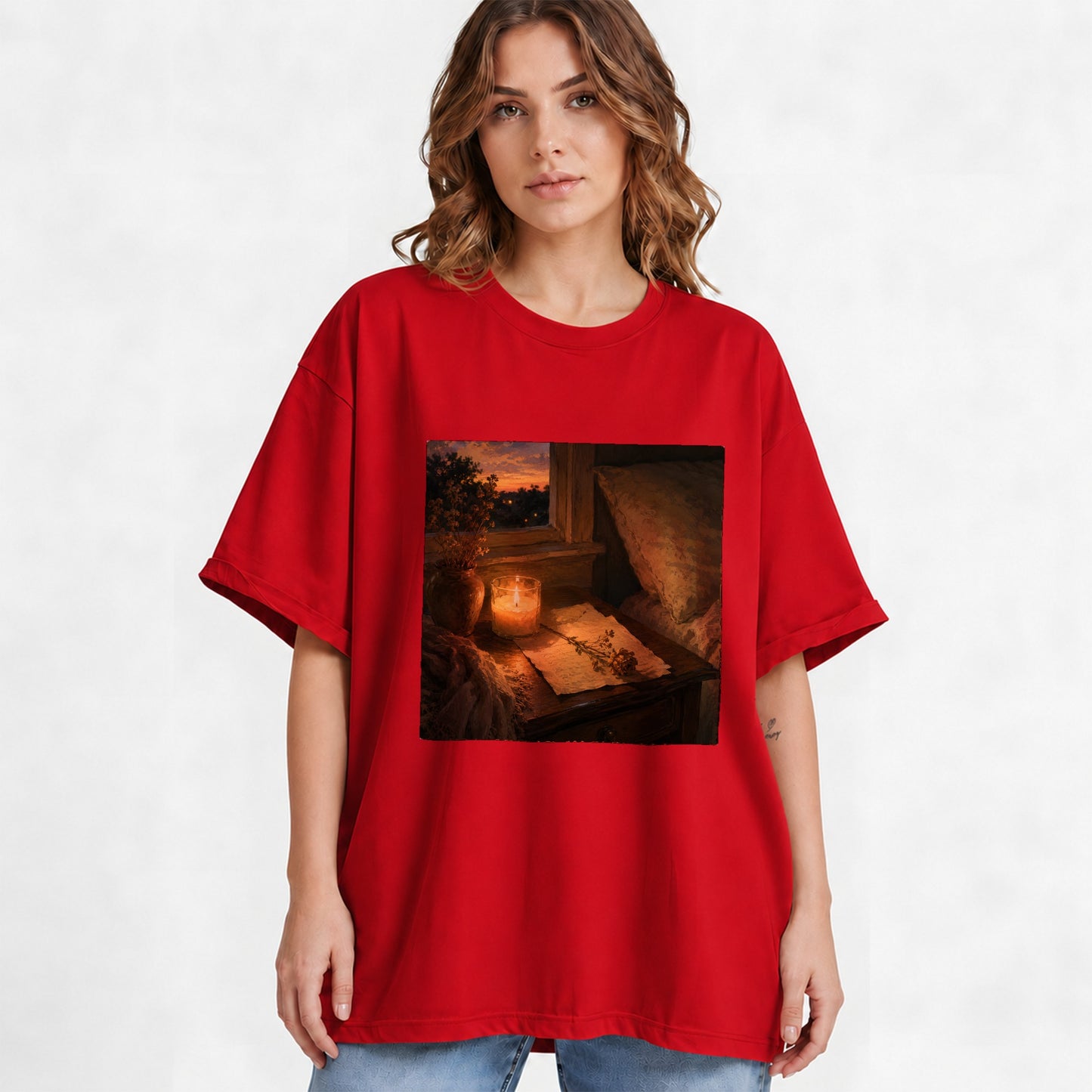 #pl[Red] Candlelit Letter Rose Graphic T-Shirt, Cozy Sunset Bedroom Art