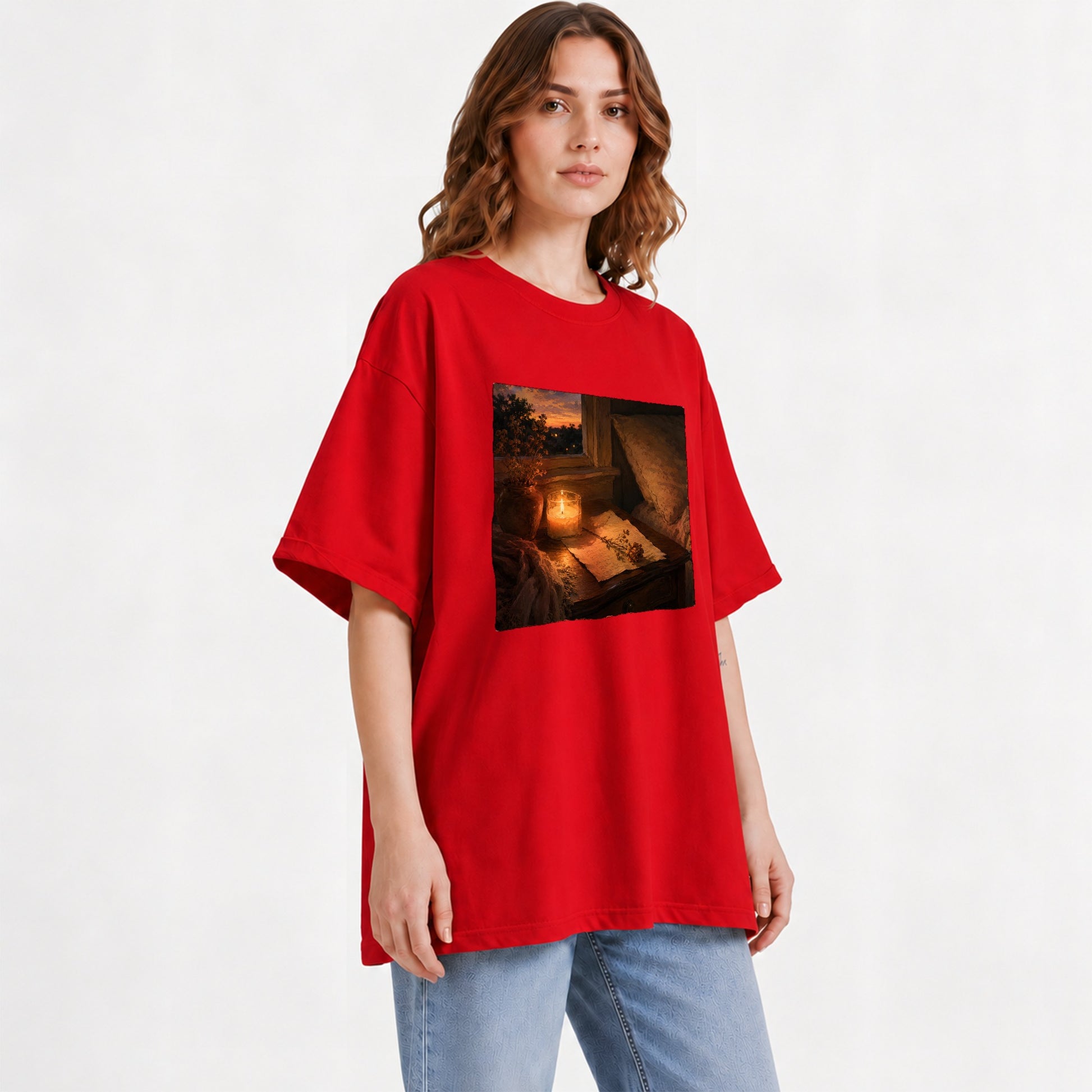 #pl[Red] Candlelit Letter Rose Graphic T-Shirt, Cozy Sunset Bedroom Art