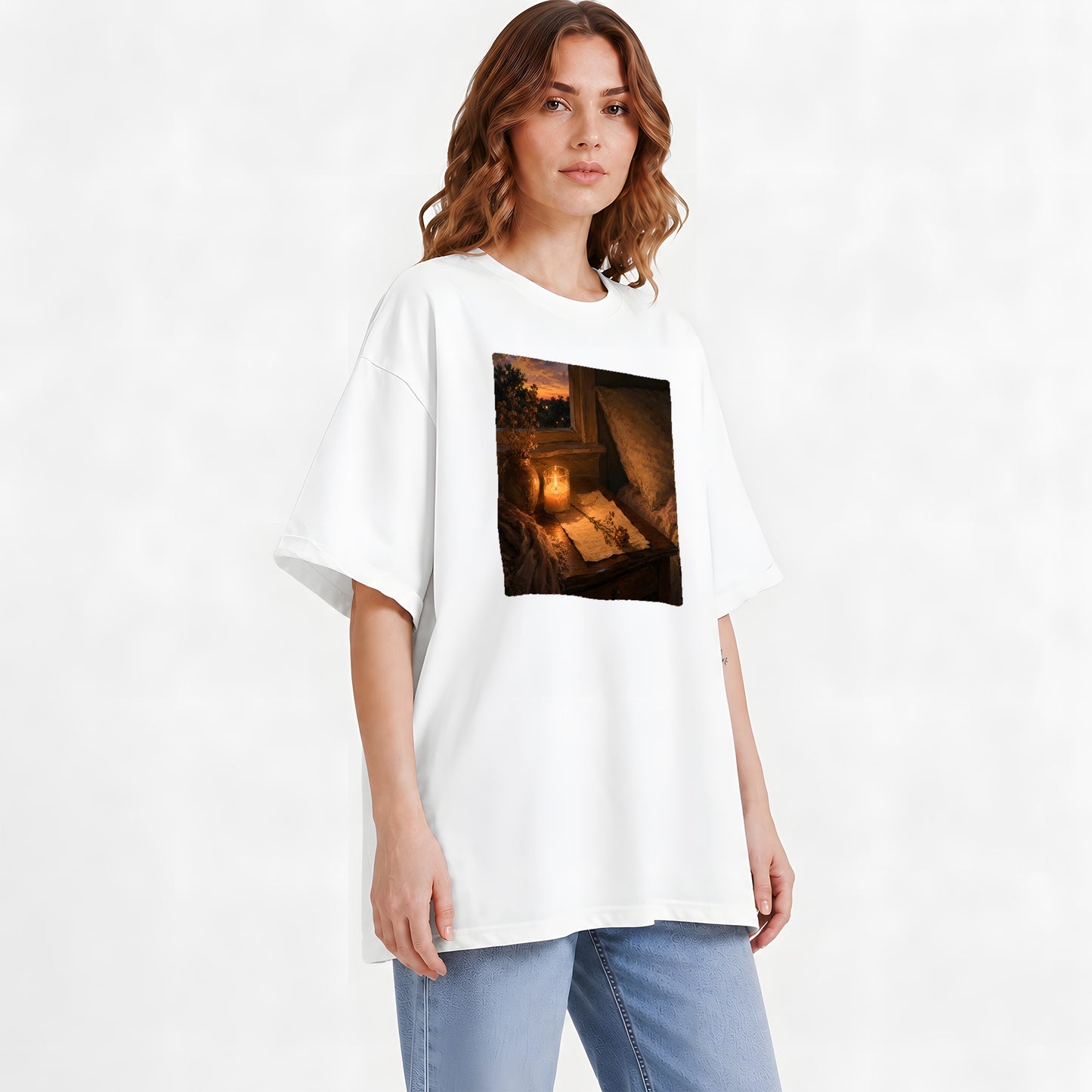 #pl[White] Candlelit Letter Rose Graphic T-Shirt, Cozy Sunset Bedroom Art