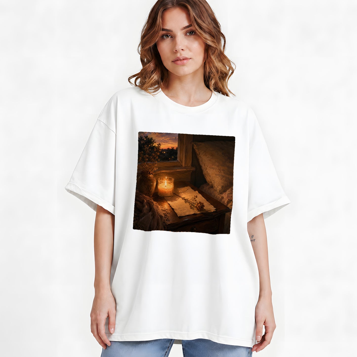 #pl[White] Candlelit Letter Rose Graphic T-Shirt, Cozy Sunset Bedroom Art