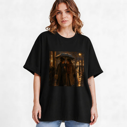 #pl[Black] Rainy Friendship Walk Graphic T-Shirt, Umbrella City Night Art