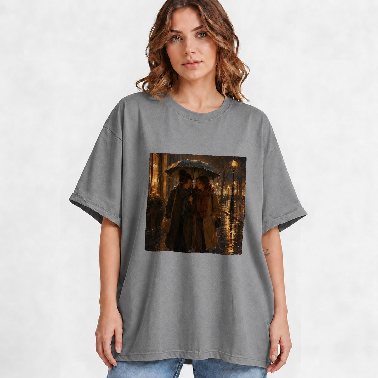 #pl[Gray] Rainy Friendship Walk Graphic T-Shirt, Umbrella City Night Art