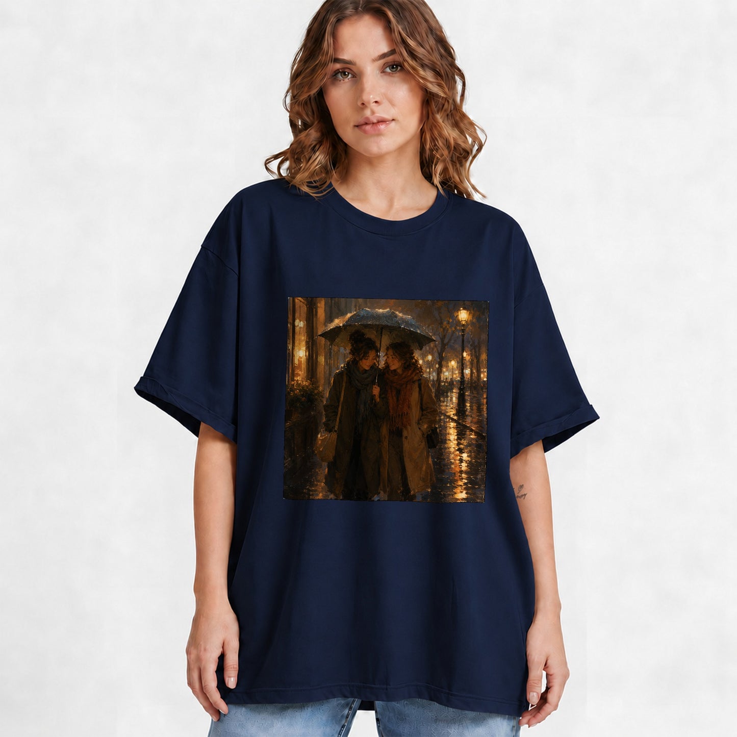 #pl[Navy] Rainy Friendship Walk Graphic T-Shirt, Umbrella City Night Art