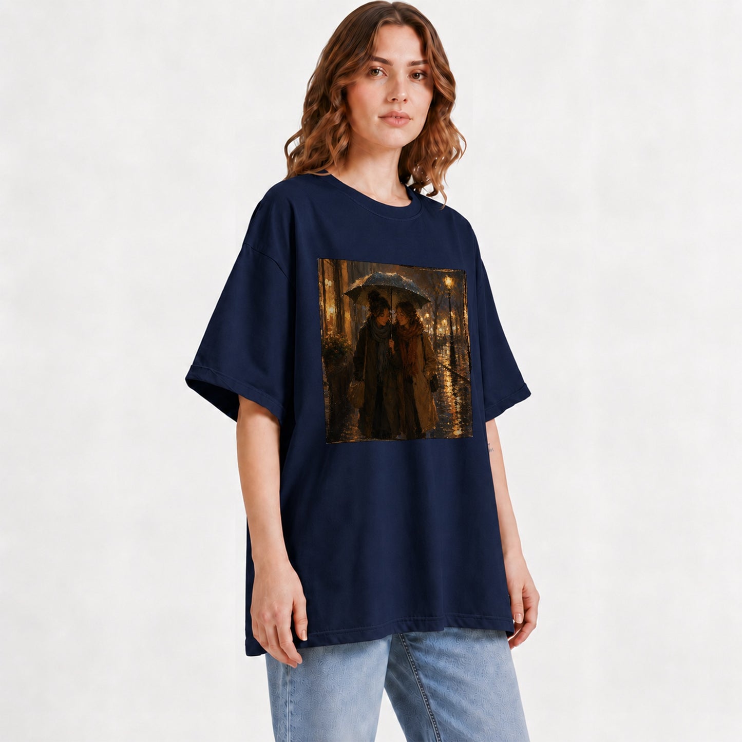 #pl[Navy] Rainy Friendship Walk Graphic T-Shirt, Umbrella City Night Art
