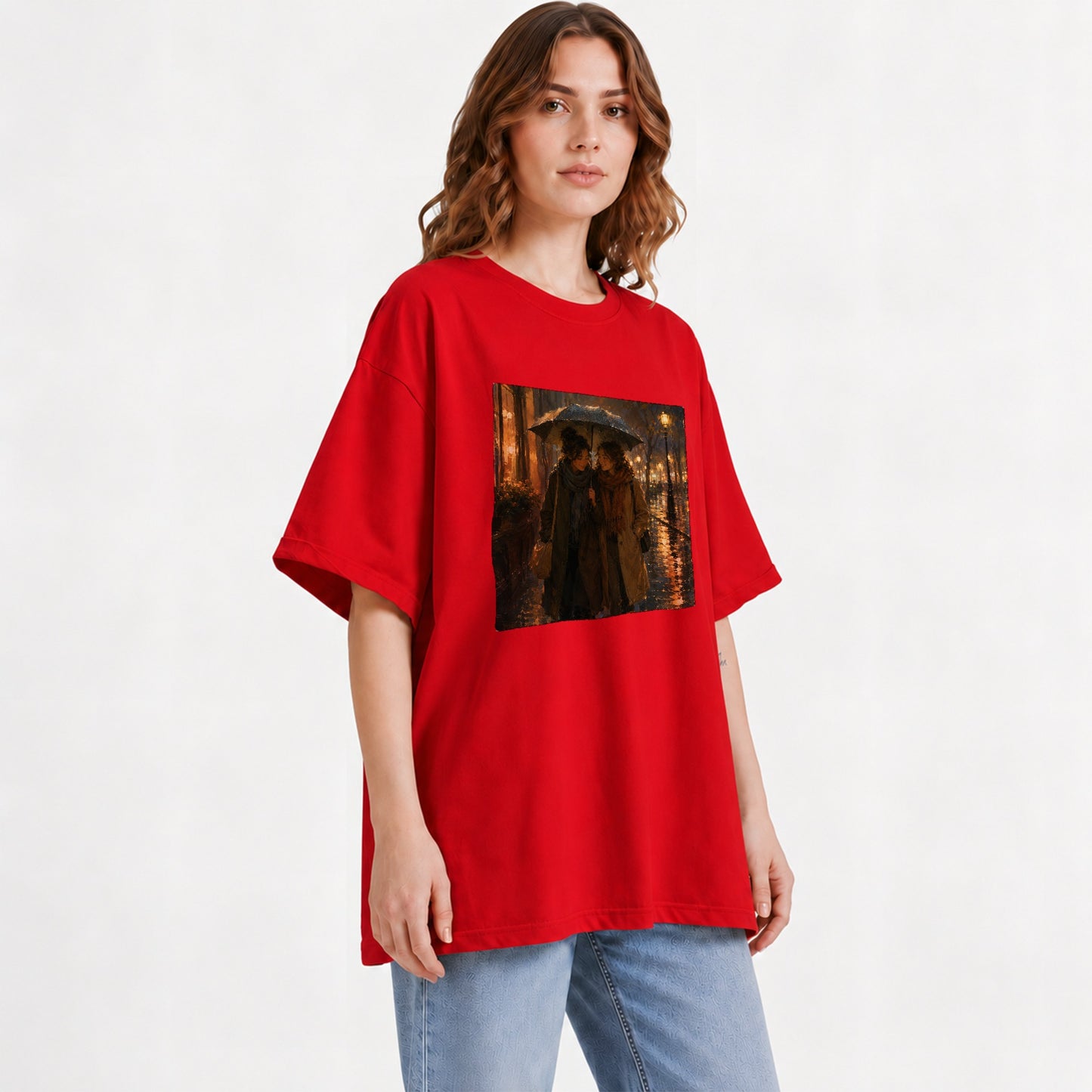 #pl[Red] Rainy Friendship Walk Graphic T-Shirt, Umbrella City Night Art