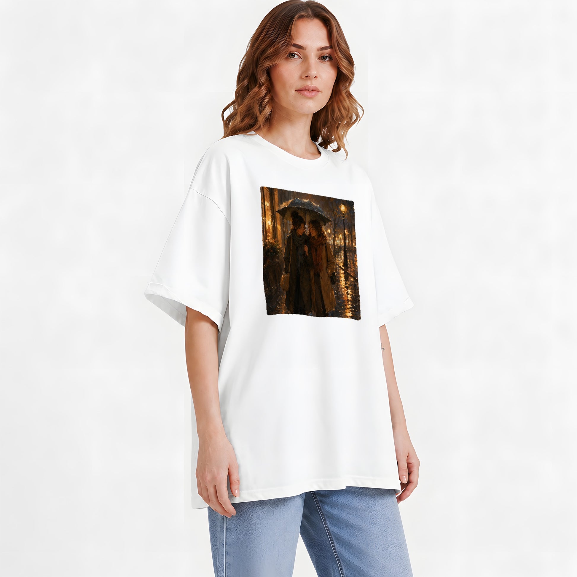 #pl[White] Rainy Friendship Walk Graphic T-Shirt, Umbrella City Night Art