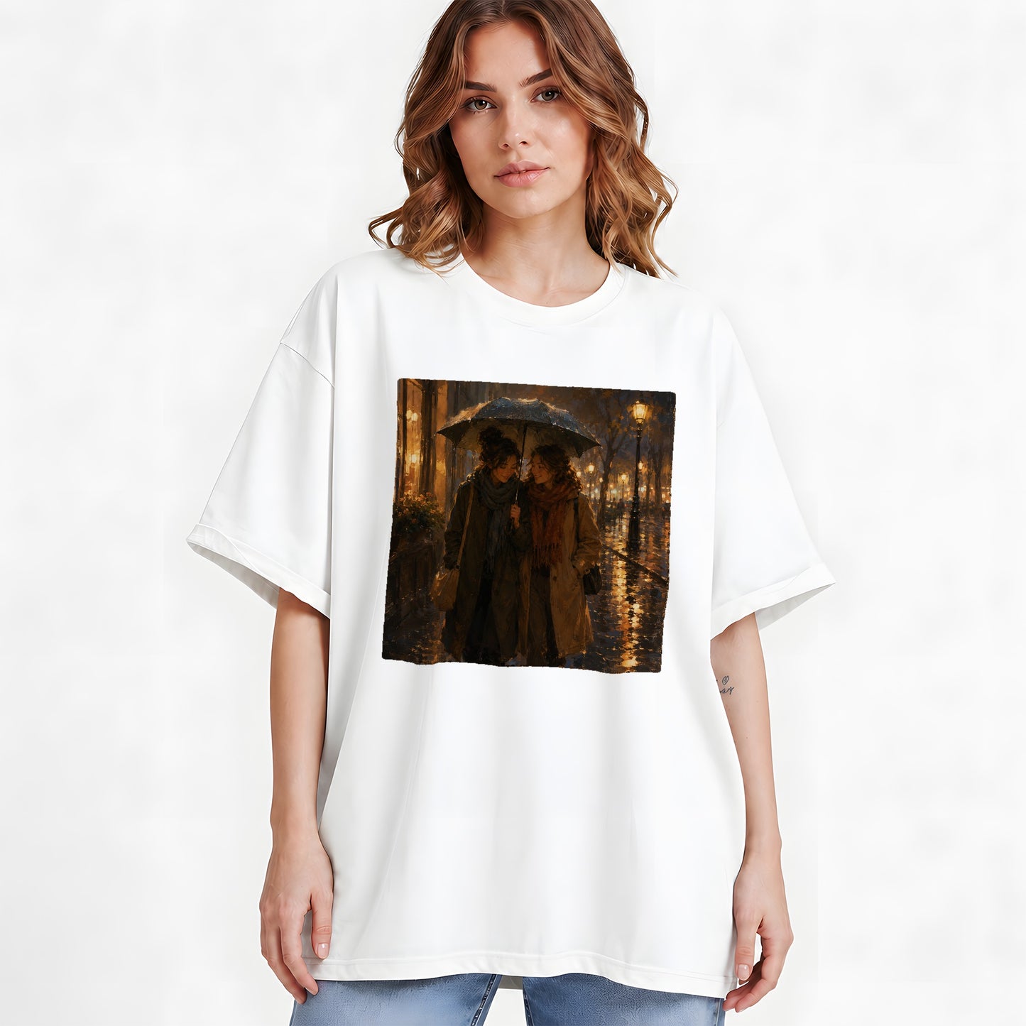 #pl[White] Rainy Friendship Walk Graphic T-Shirt, Umbrella City Night Art