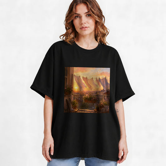 #pl[Black] Sunset Laundry Balcony Graphic T-Shirt, Cozy European Balcony Art