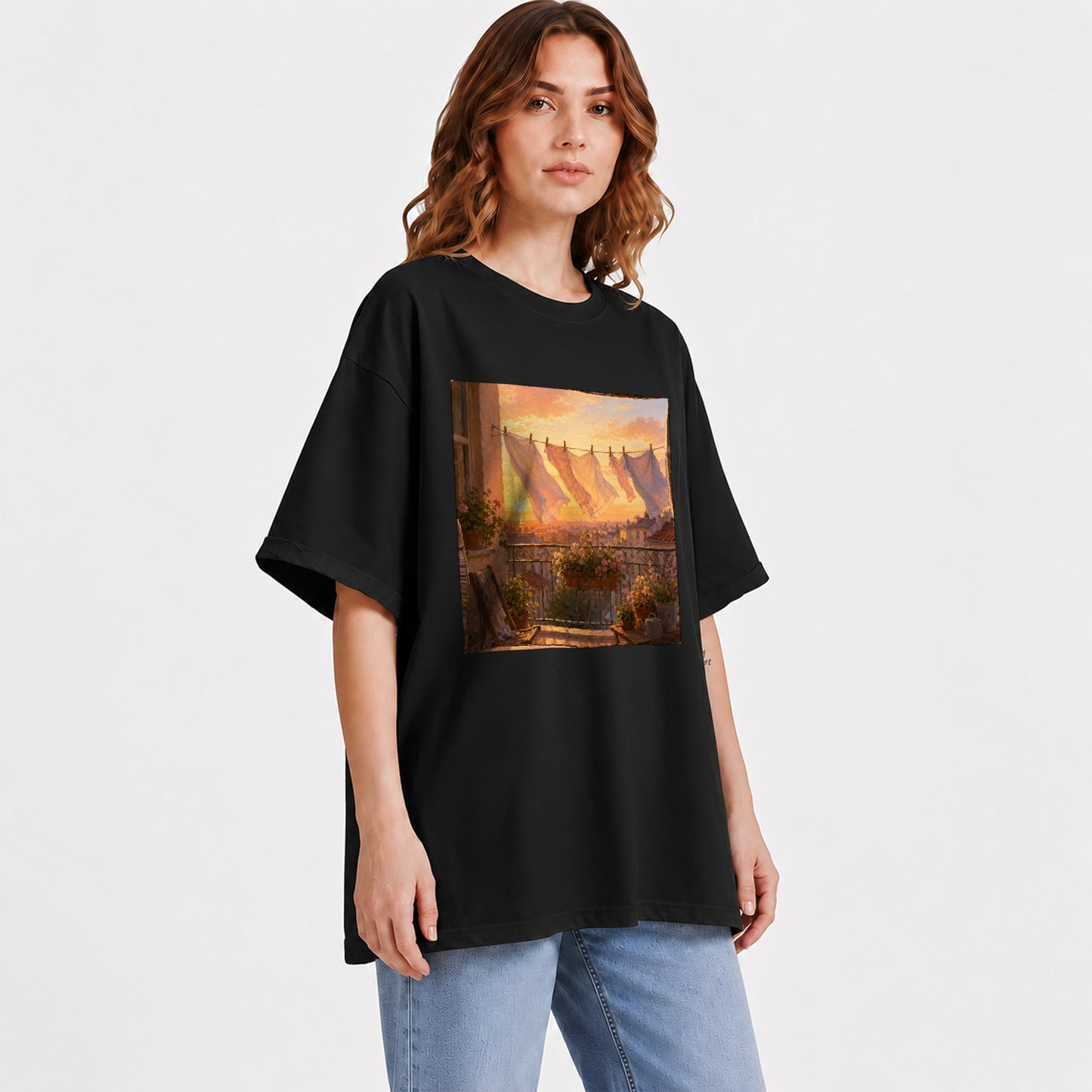 #pl[Black] Sunset Laundry Balcony Graphic T-Shirt, Cozy European Balcony Art