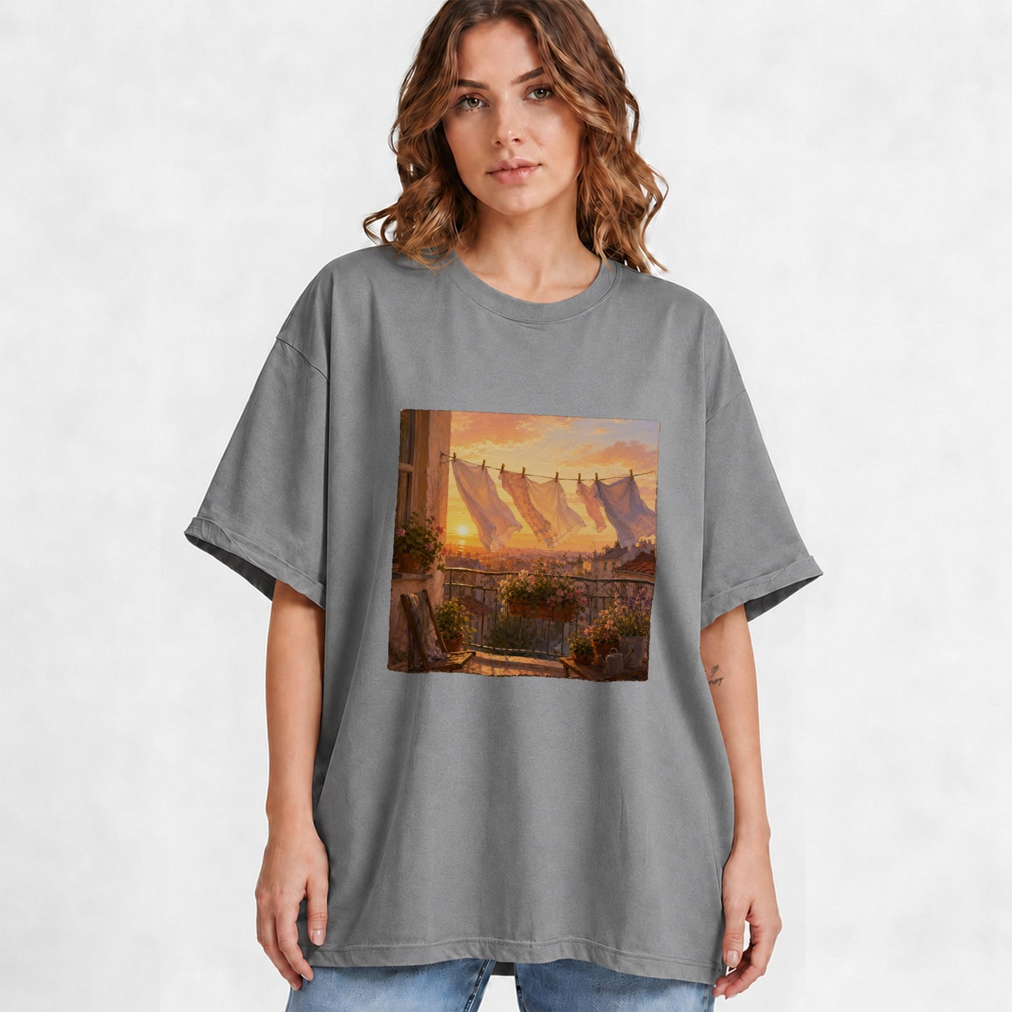#pl[Gray] Sunset Laundry Balcony Graphic T-Shirt, Cozy European Balcony Art