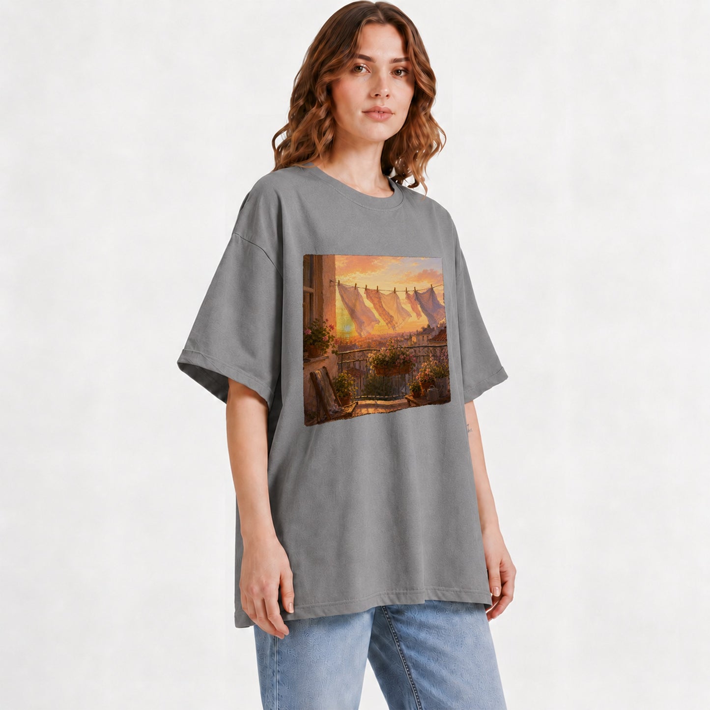 #pl[Gray] Sunset Laundry Balcony Graphic T-Shirt, Cozy European Balcony Art