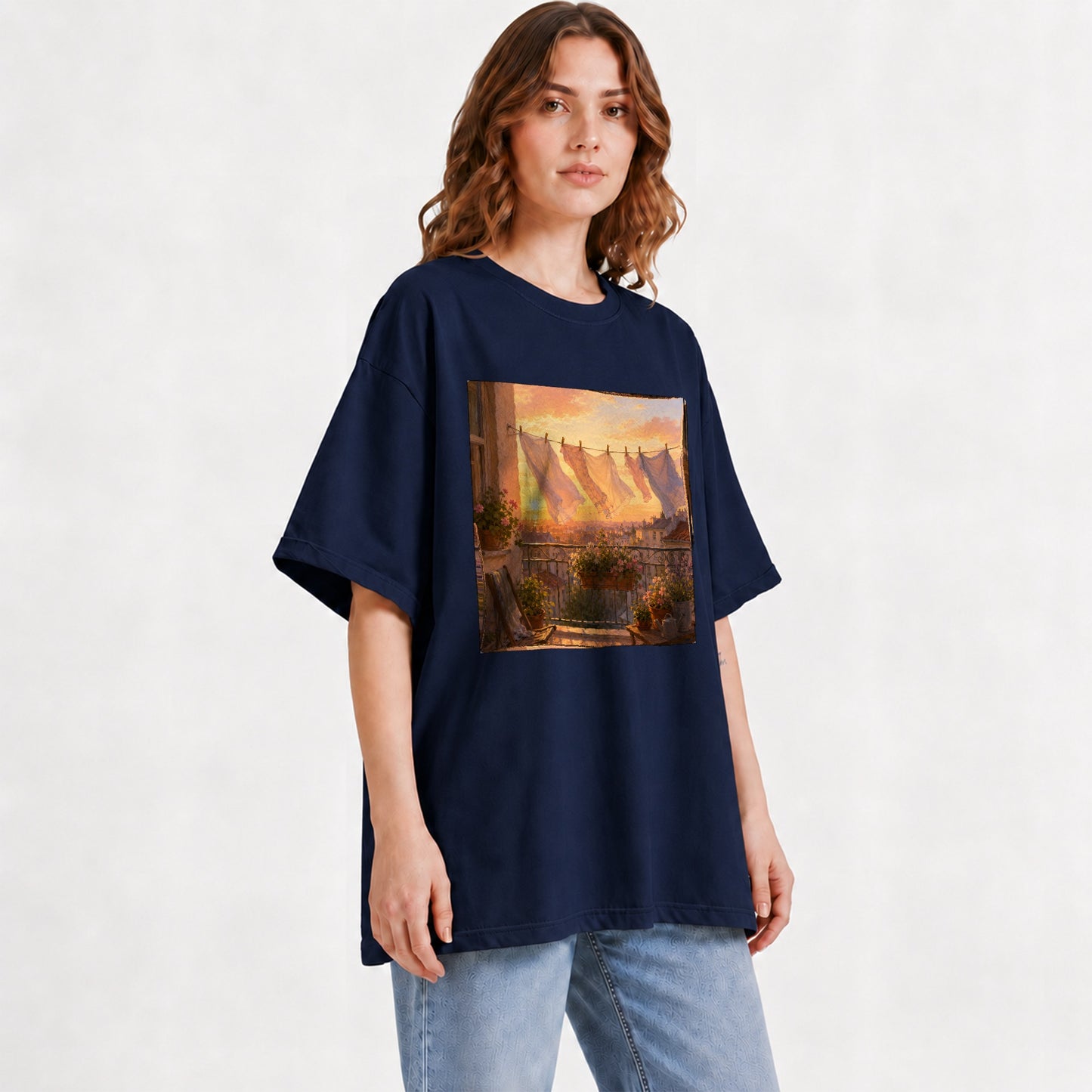 #pl[Navy] Sunset Laundry Balcony Graphic T-Shirt, Cozy European Balcony Art