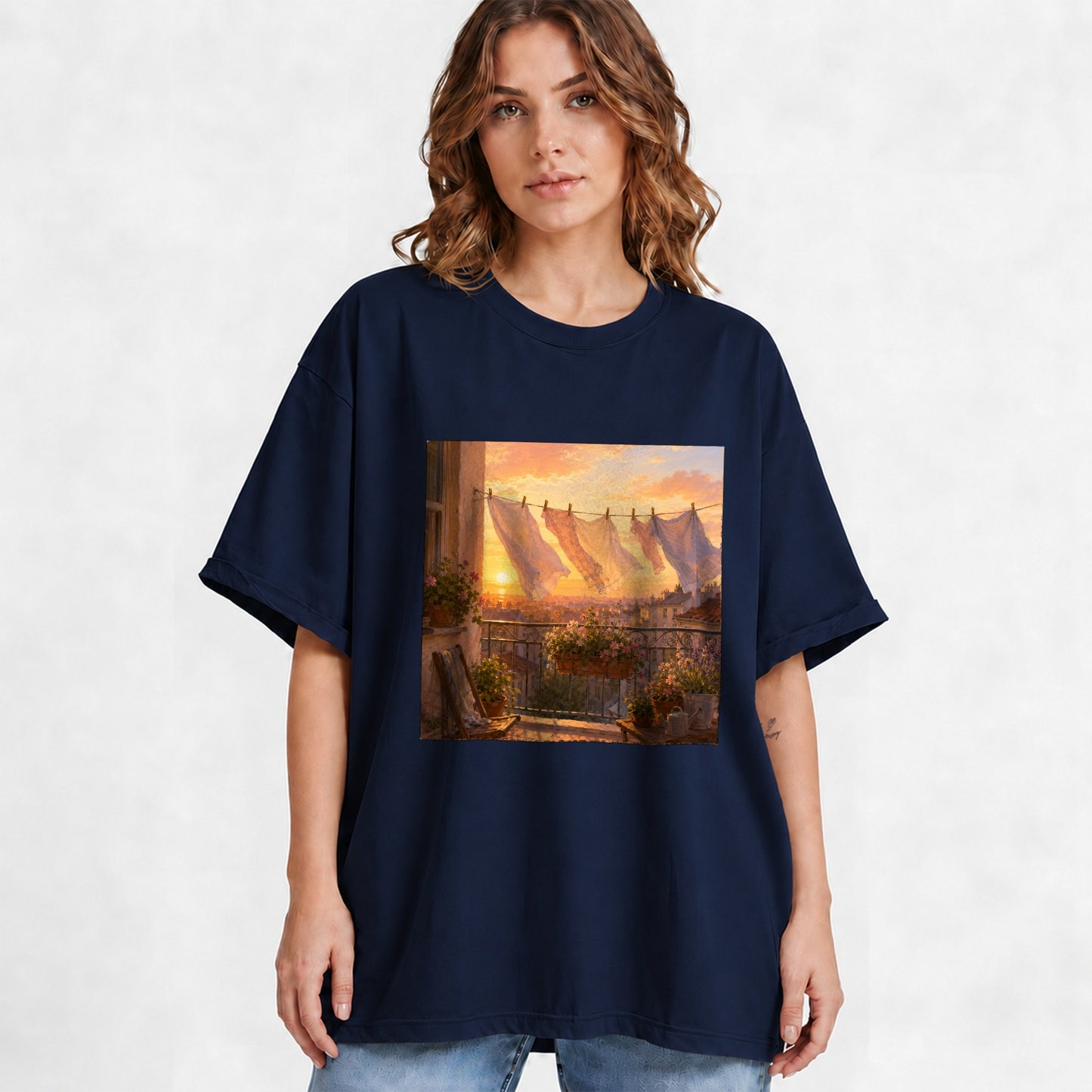 #pl[Navy] Sunset Laundry Balcony Graphic T-Shirt, Cozy European Balcony Art