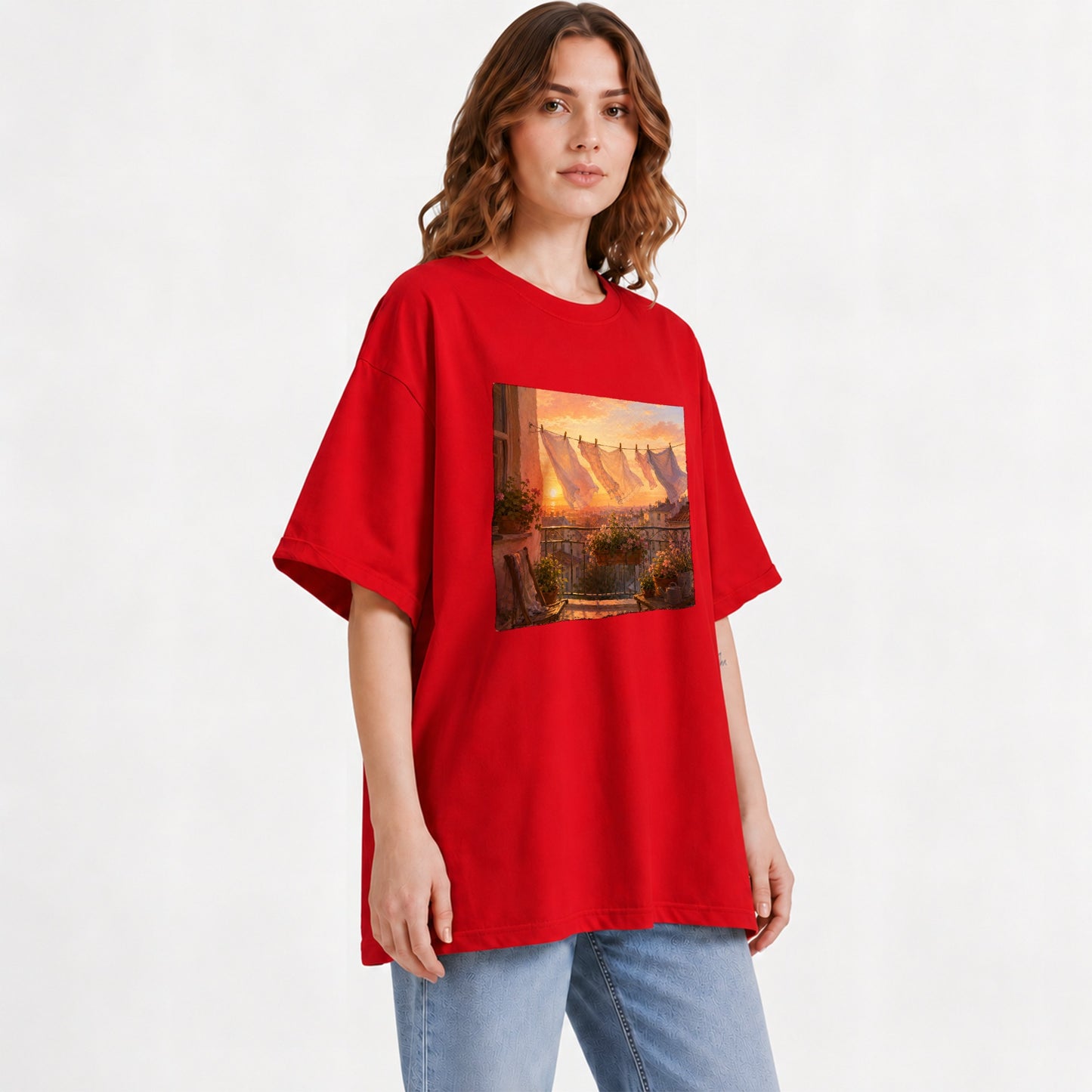 #pl[Red] Sunset Laundry Balcony Graphic T-Shirt, Cozy European Balcony Art