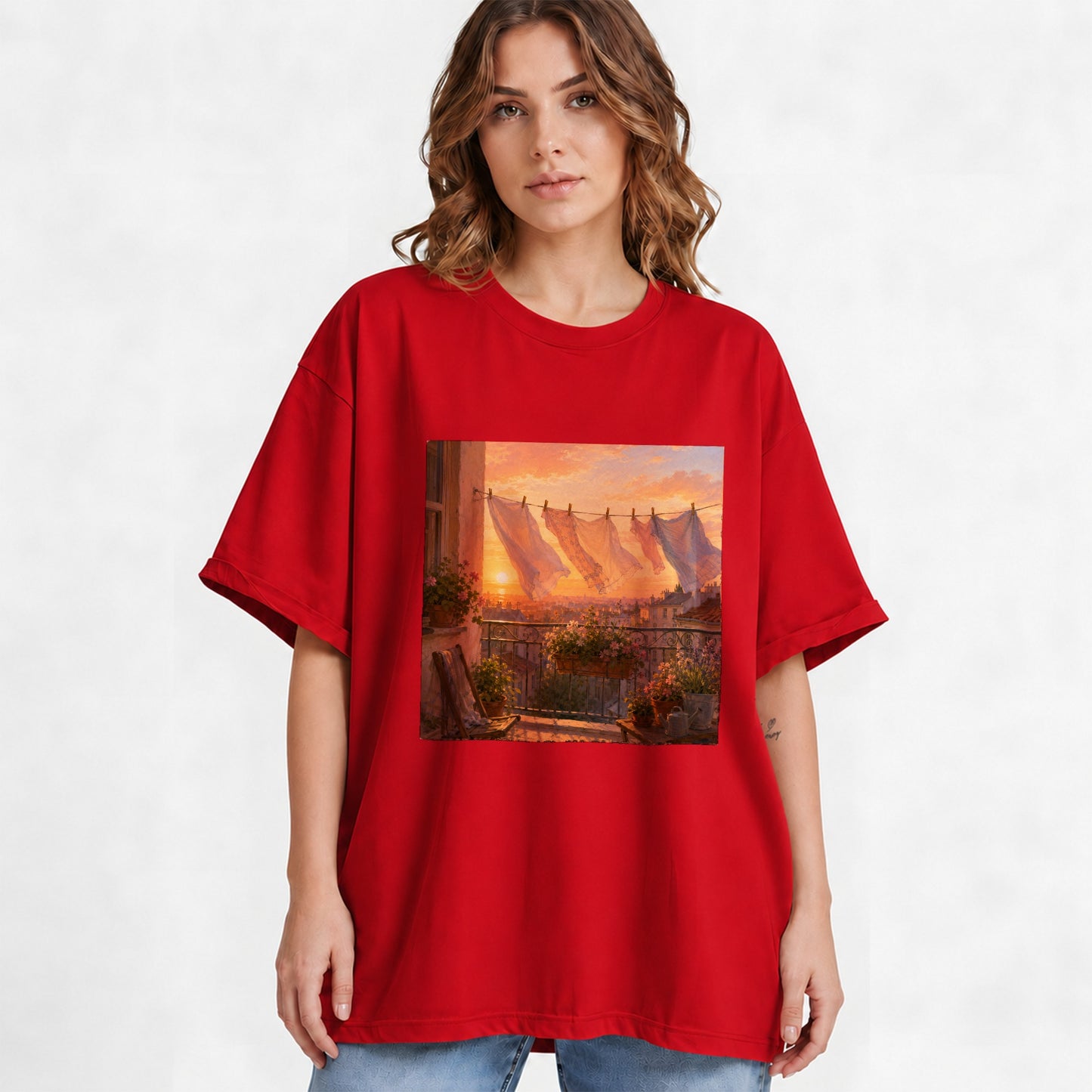 #pl[Red] Sunset Laundry Balcony Graphic T-Shirt, Cozy European Balcony Art