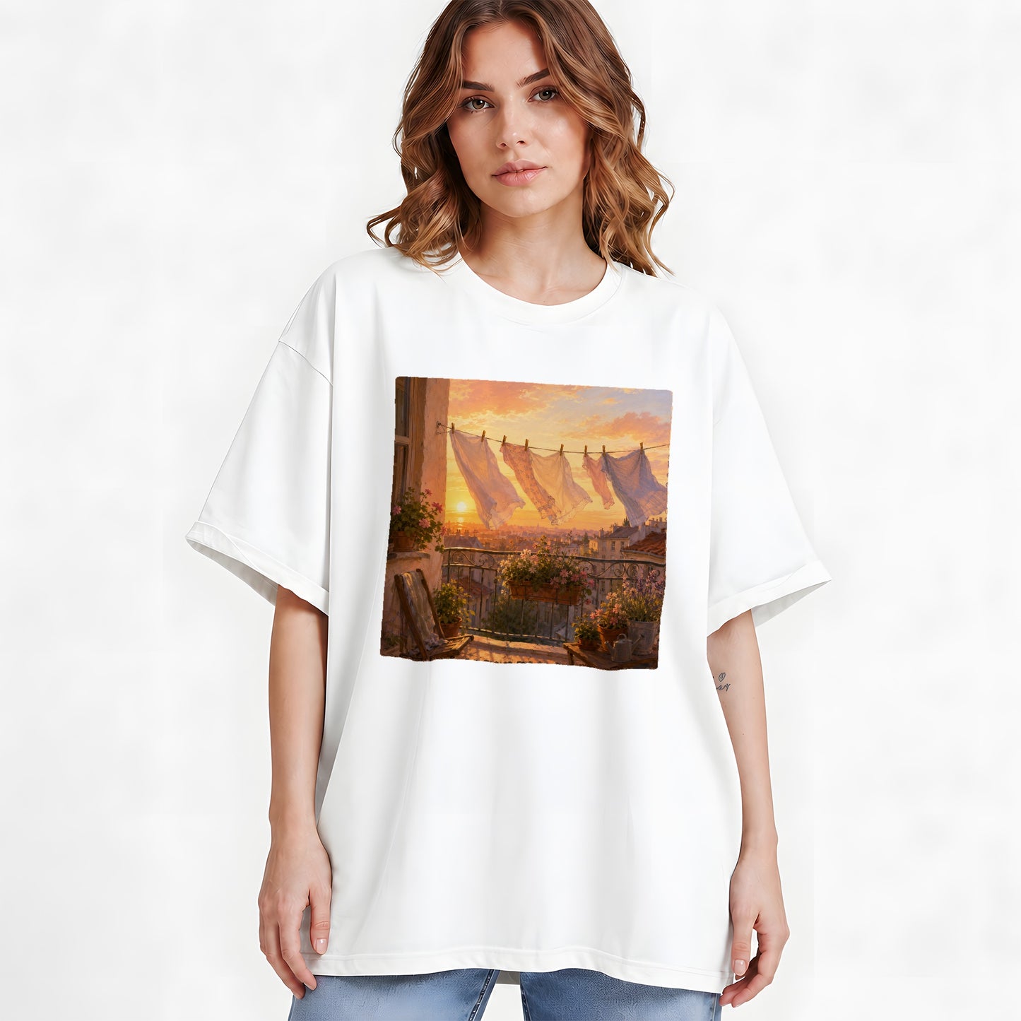 #pl[White] Sunset Laundry Balcony Graphic T-Shirt, Cozy European Balcony Art
