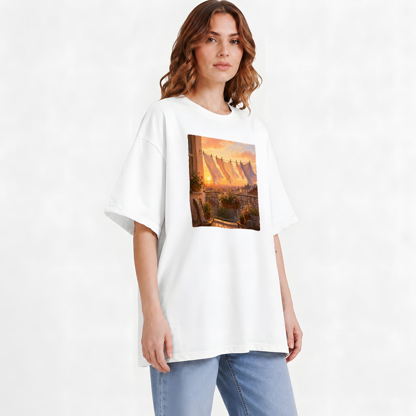 #pl[White] Sunset Laundry Balcony Graphic T-Shirt, Cozy European Balcony Art