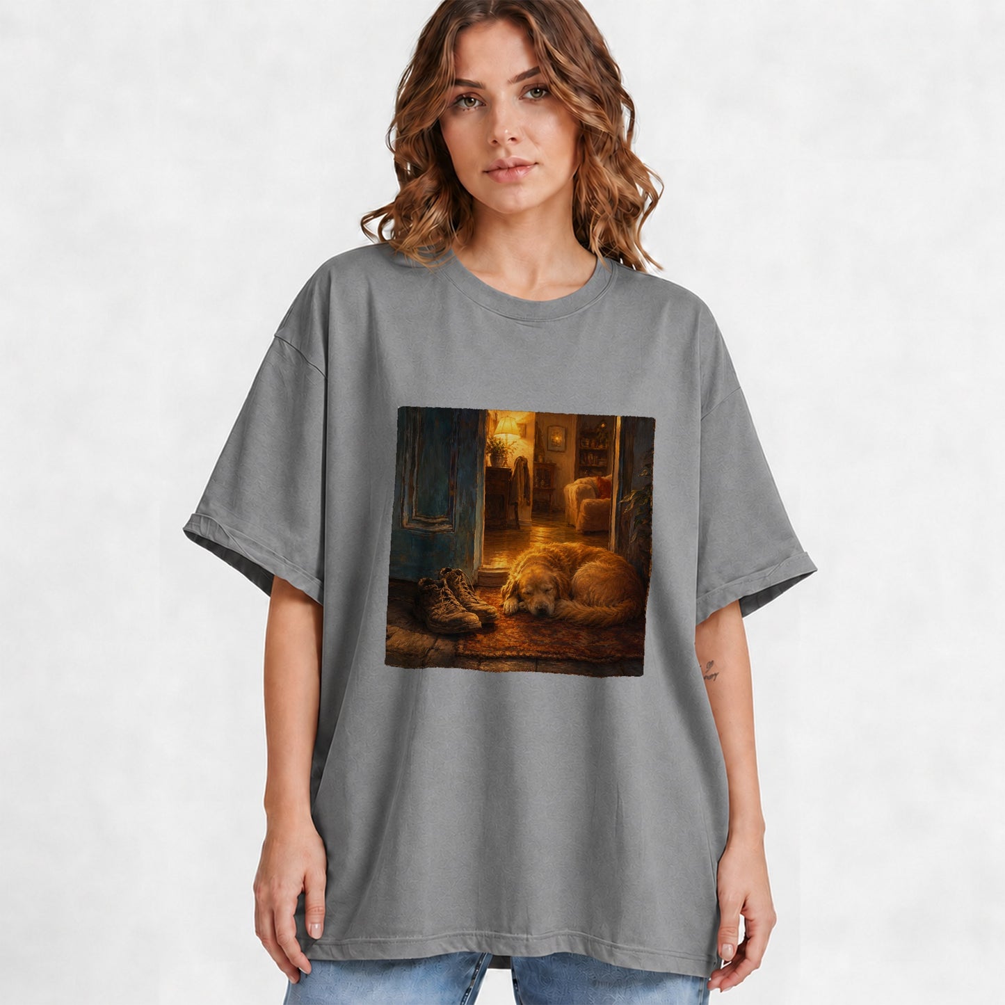 #pl[Gray] Sleeping Dog Homecoming Graphic T-Shirt, Cozy Entryway Art