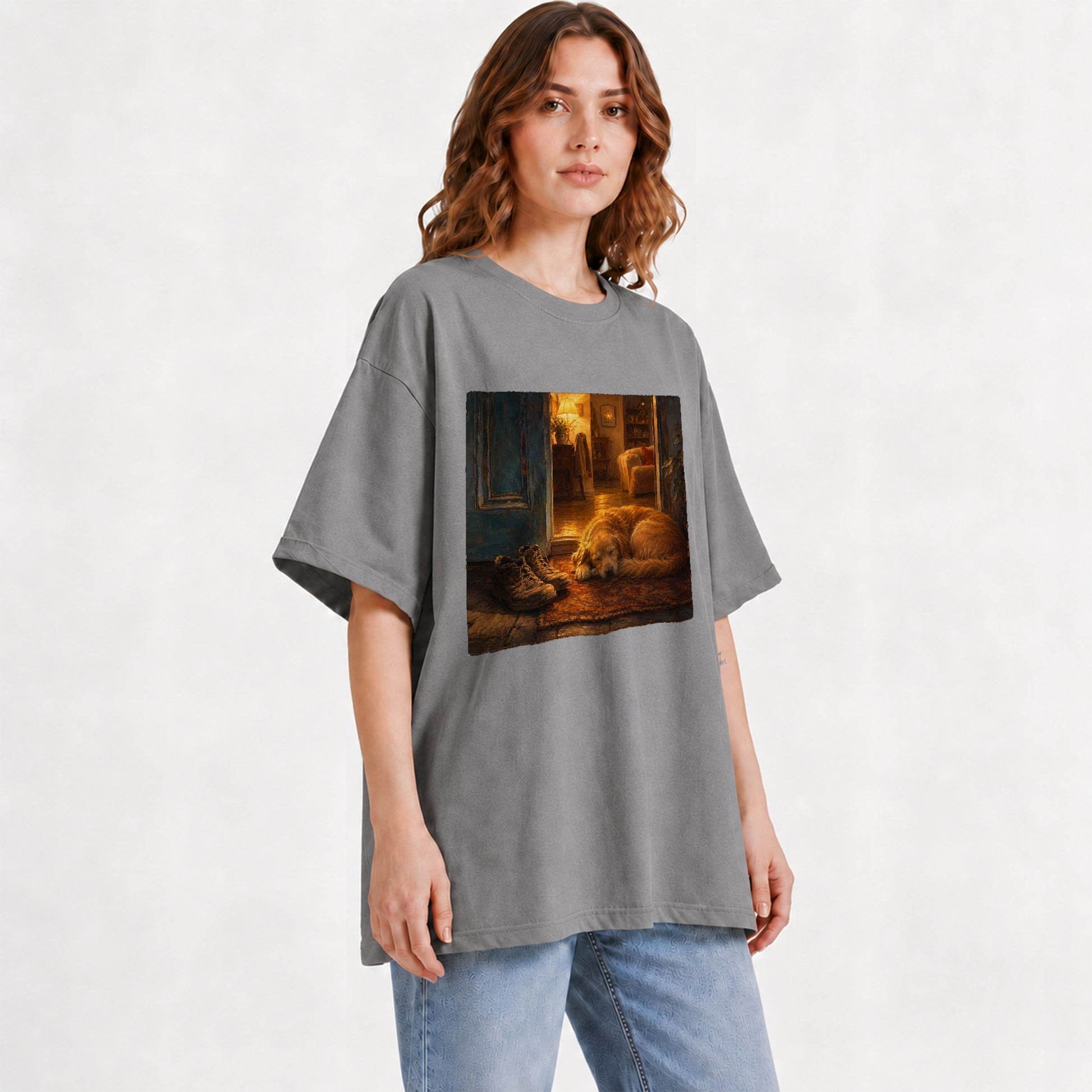 #pl[Gray] Sleeping Dog Homecoming Graphic T-Shirt, Cozy Entryway Art