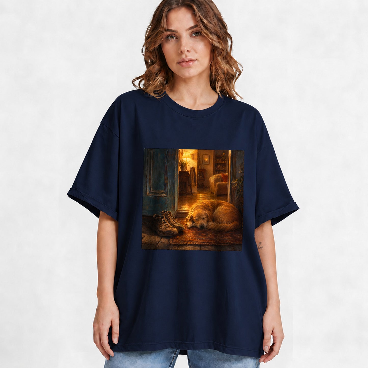 #pl[Navy] Sleeping Dog Homecoming Graphic T-Shirt, Cozy Entryway Art