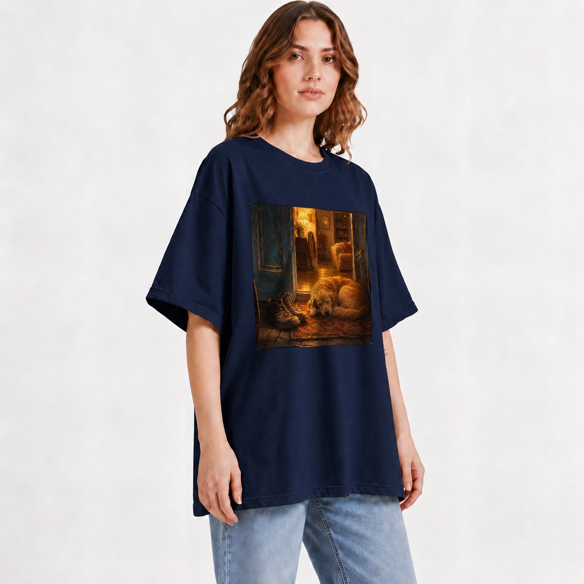 #pl[Navy] Sleeping Dog Homecoming Graphic T-Shirt, Cozy Entryway Art