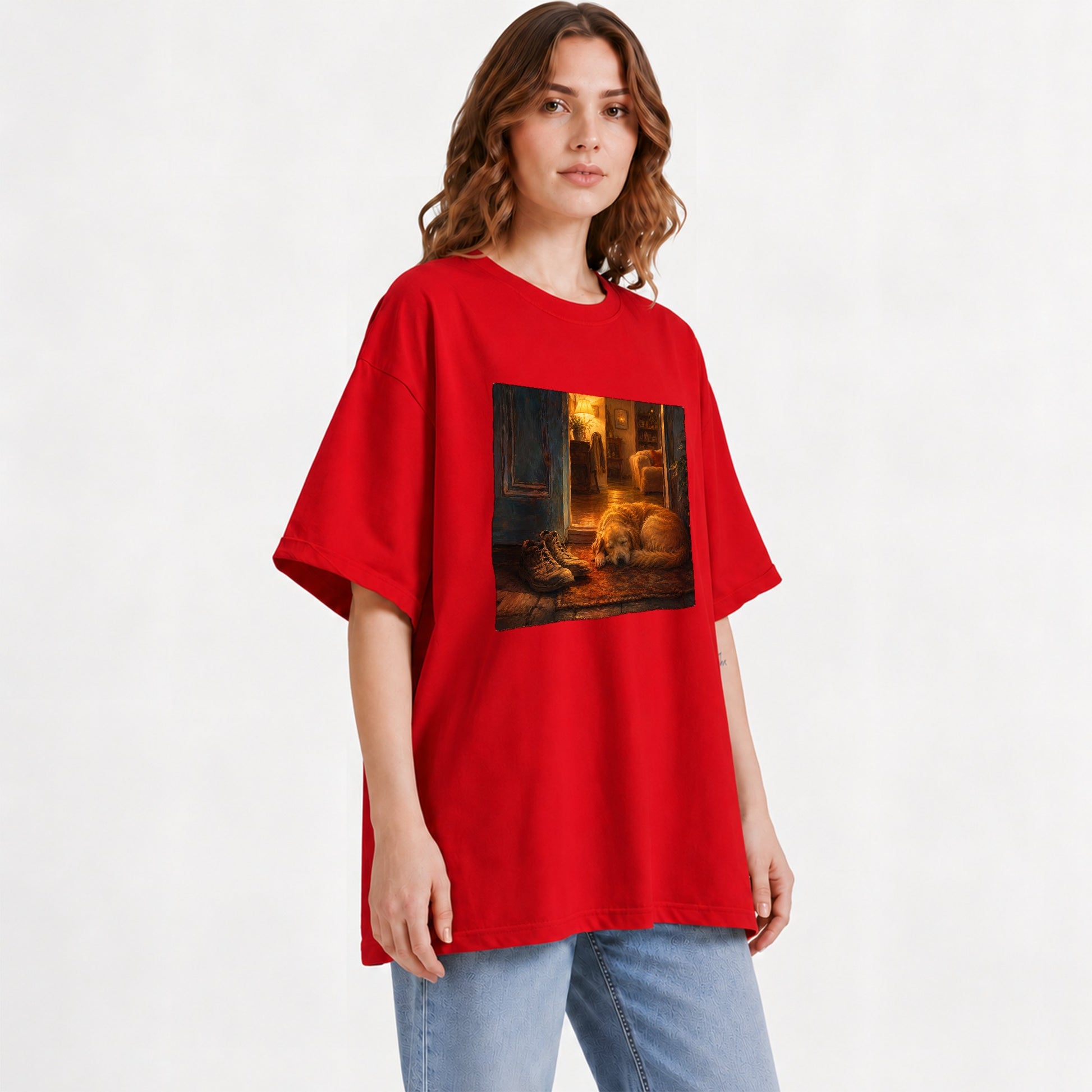 #pl[Red] Sleeping Dog Homecoming Graphic T-Shirt, Cozy Entryway Art