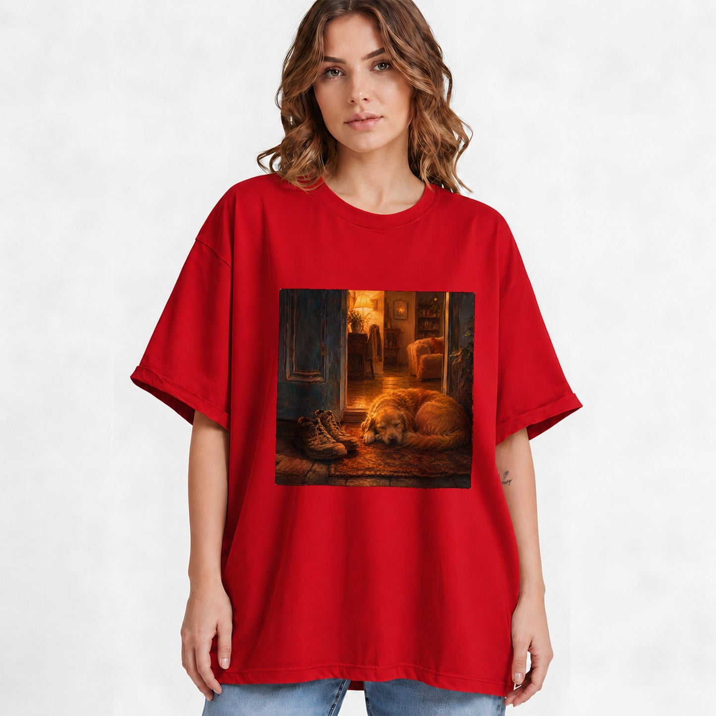 #pl[Red] Sleeping Dog Homecoming Graphic T-Shirt, Cozy Entryway Art
