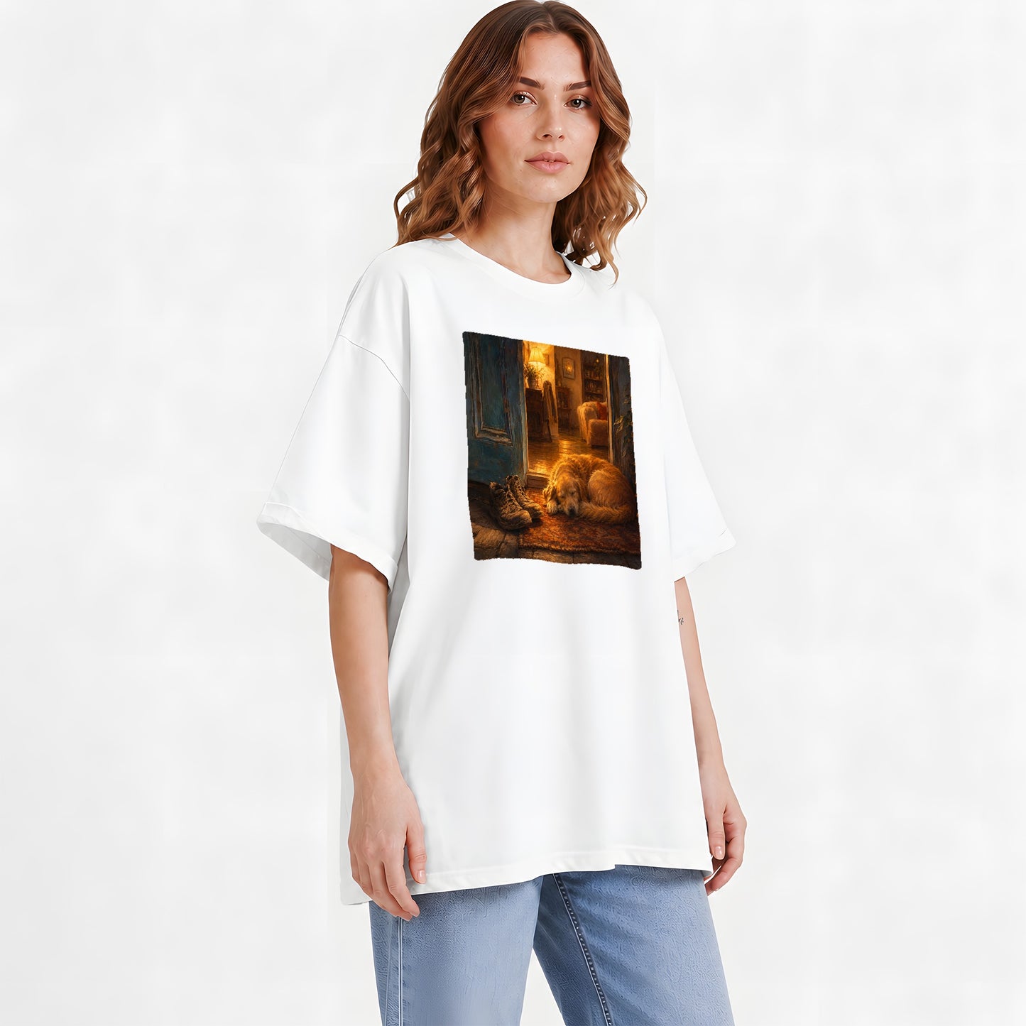 #pl[White] Sleeping Dog Homecoming Graphic T-Shirt, Cozy Entryway Art