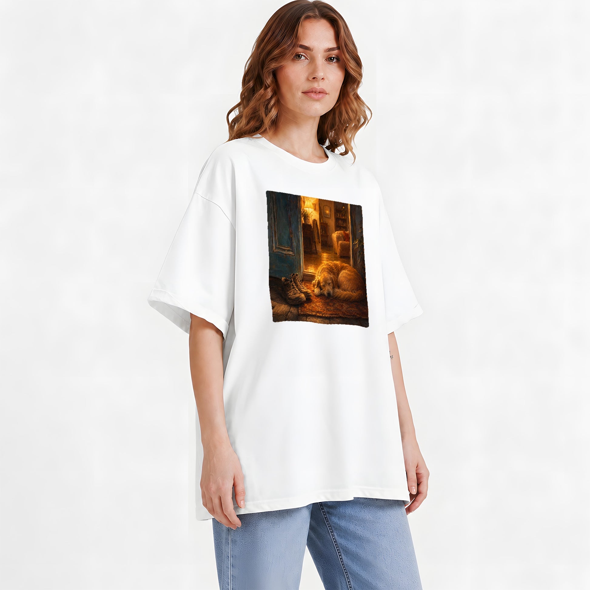 #pl[White] Sleeping Dog Homecoming Graphic T-Shirt, Cozy Entryway Art