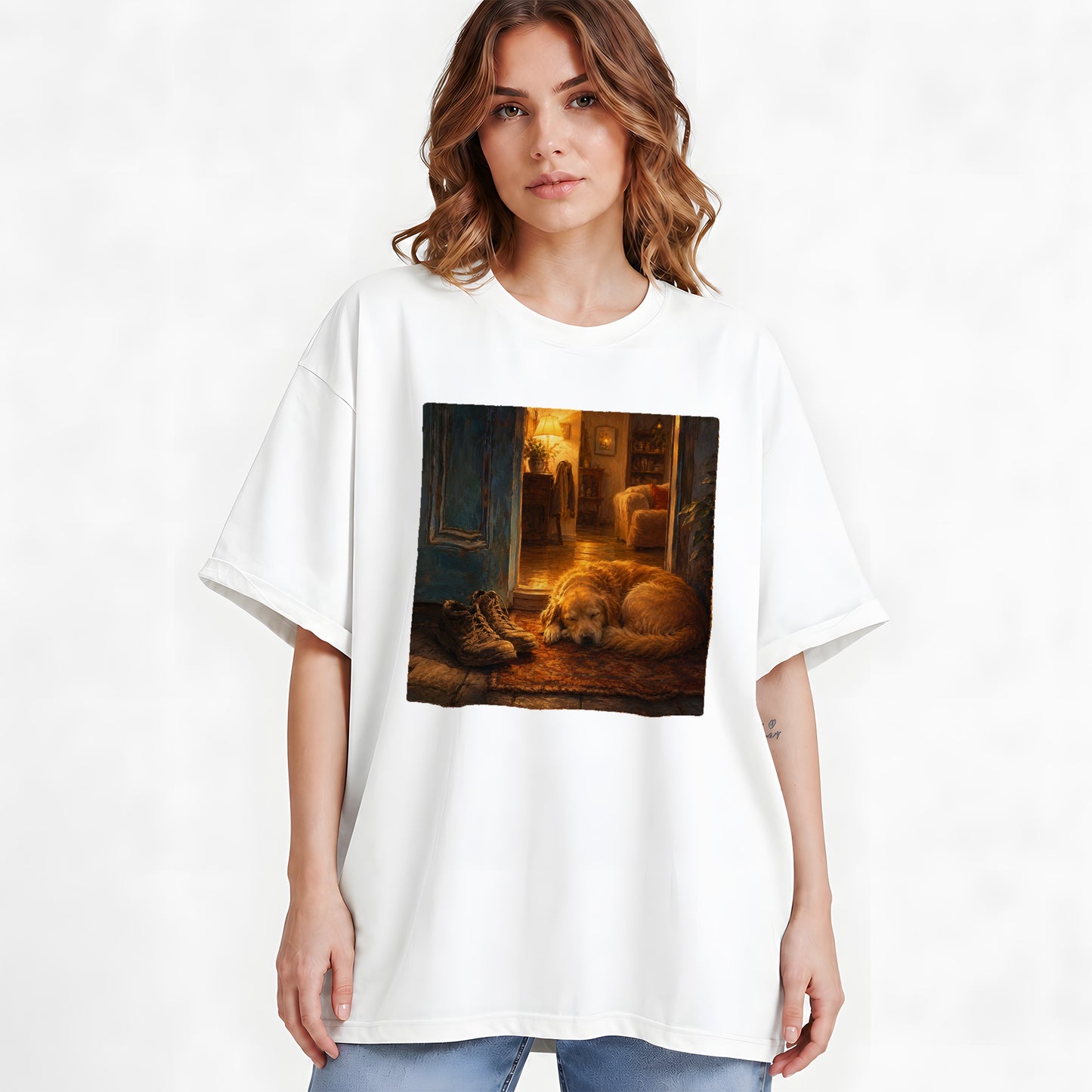 #pl[White] Sleeping Dog Homecoming Graphic T-Shirt, Cozy Entryway Art