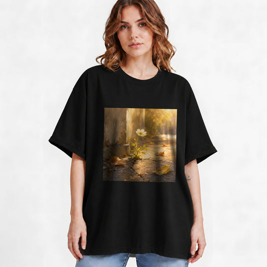 #pl[Black] Resilient White Flower Graphic T-Shirt, Hopeful Nature Art