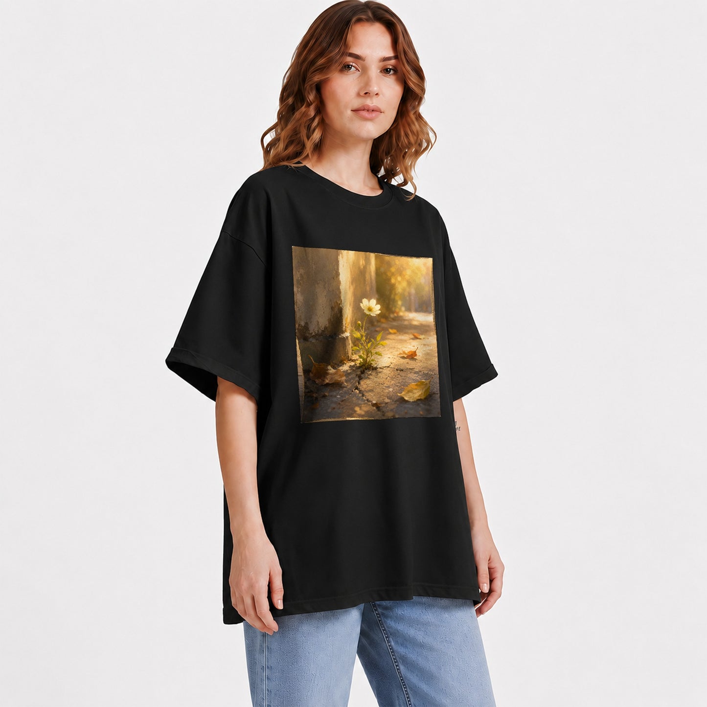 #pl[Black] Resilient White Flower Graphic T-Shirt, Hopeful Nature Art