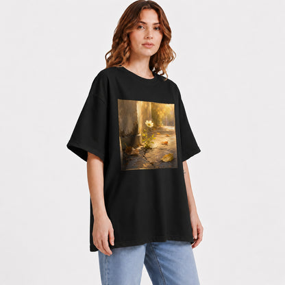 #pl[Black] Resilient White Flower Graphic T-Shirt, Hopeful Nature Art