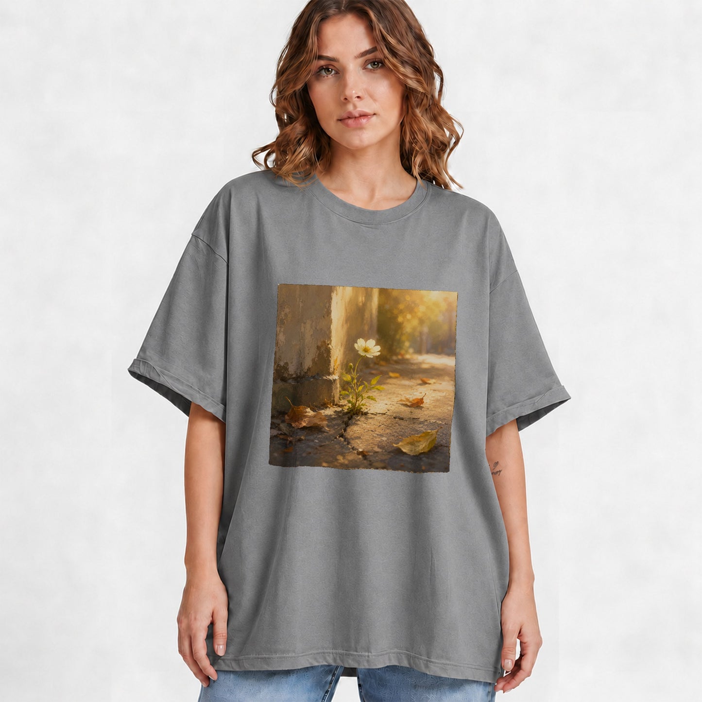 #pl[Gray] Resilient White Flower Graphic T-Shirt, Hopeful Nature Art