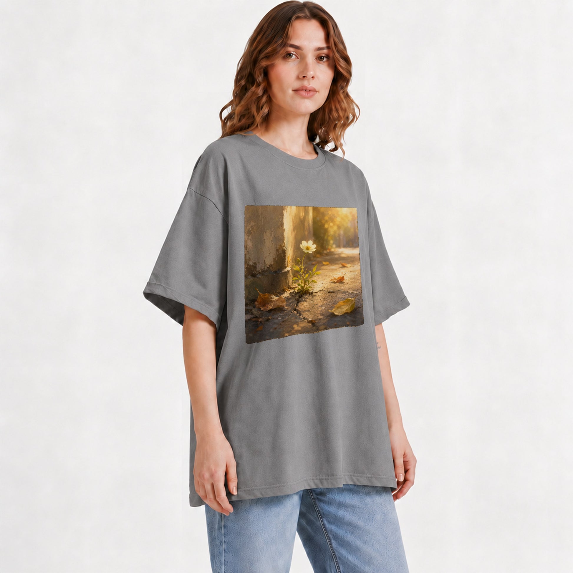 #pl[Gray] Resilient White Flower Graphic T-Shirt, Hopeful Nature Art