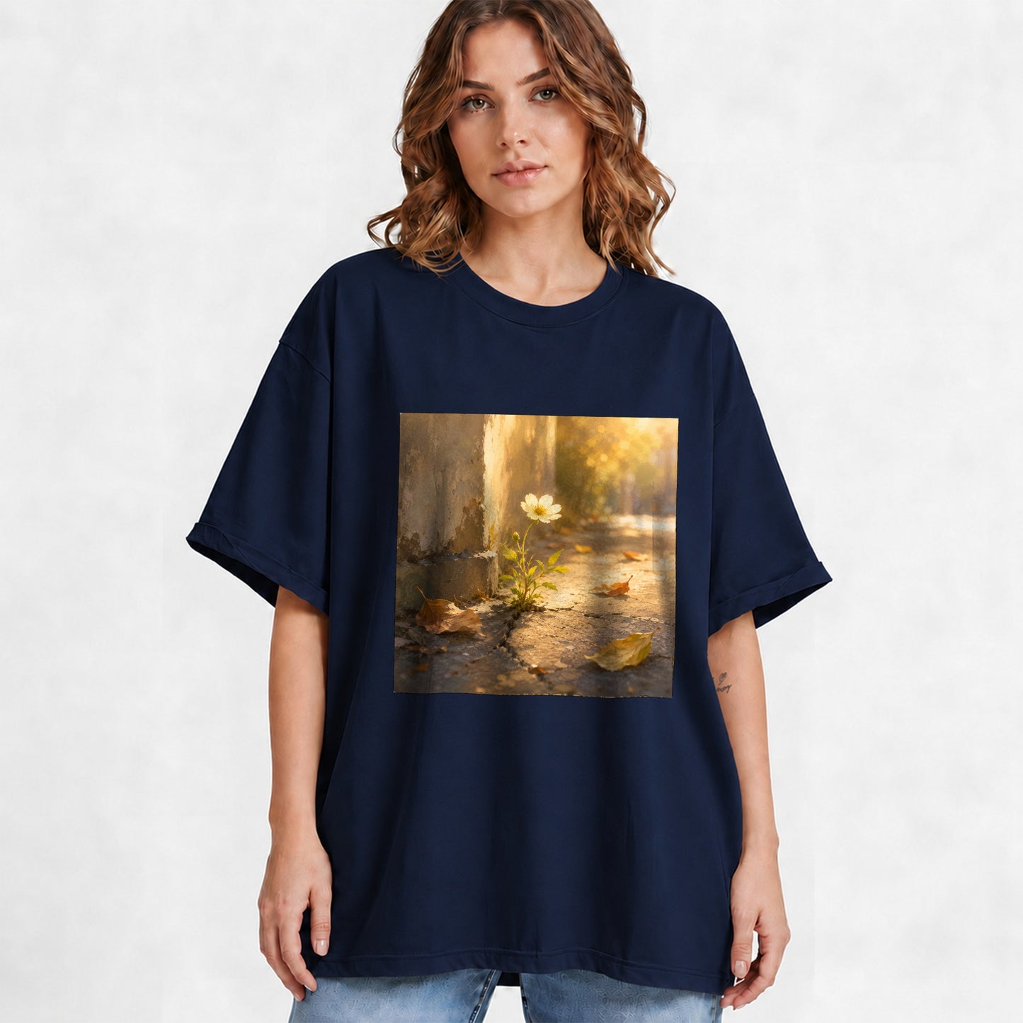 #pl[Navy] Resilient White Flower Graphic T-Shirt, Hopeful Nature Art