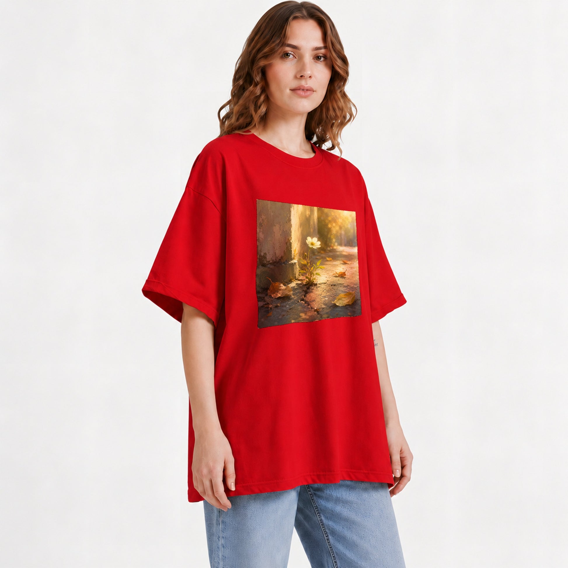 #pl[Red] Resilient White Flower Graphic T-Shirt, Hopeful Nature Art