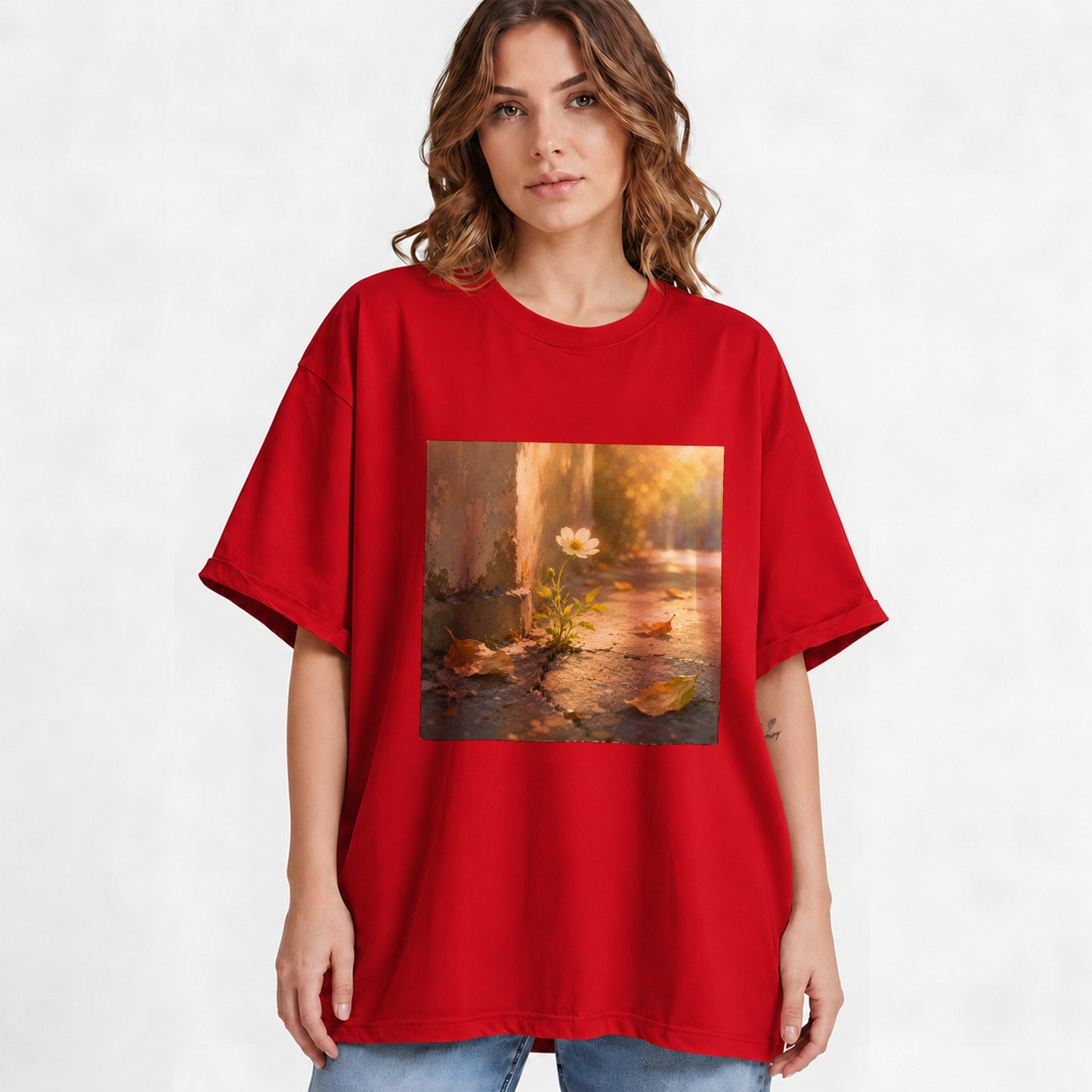 #pl[Red] Resilient White Flower Graphic T-Shirt, Hopeful Nature Art