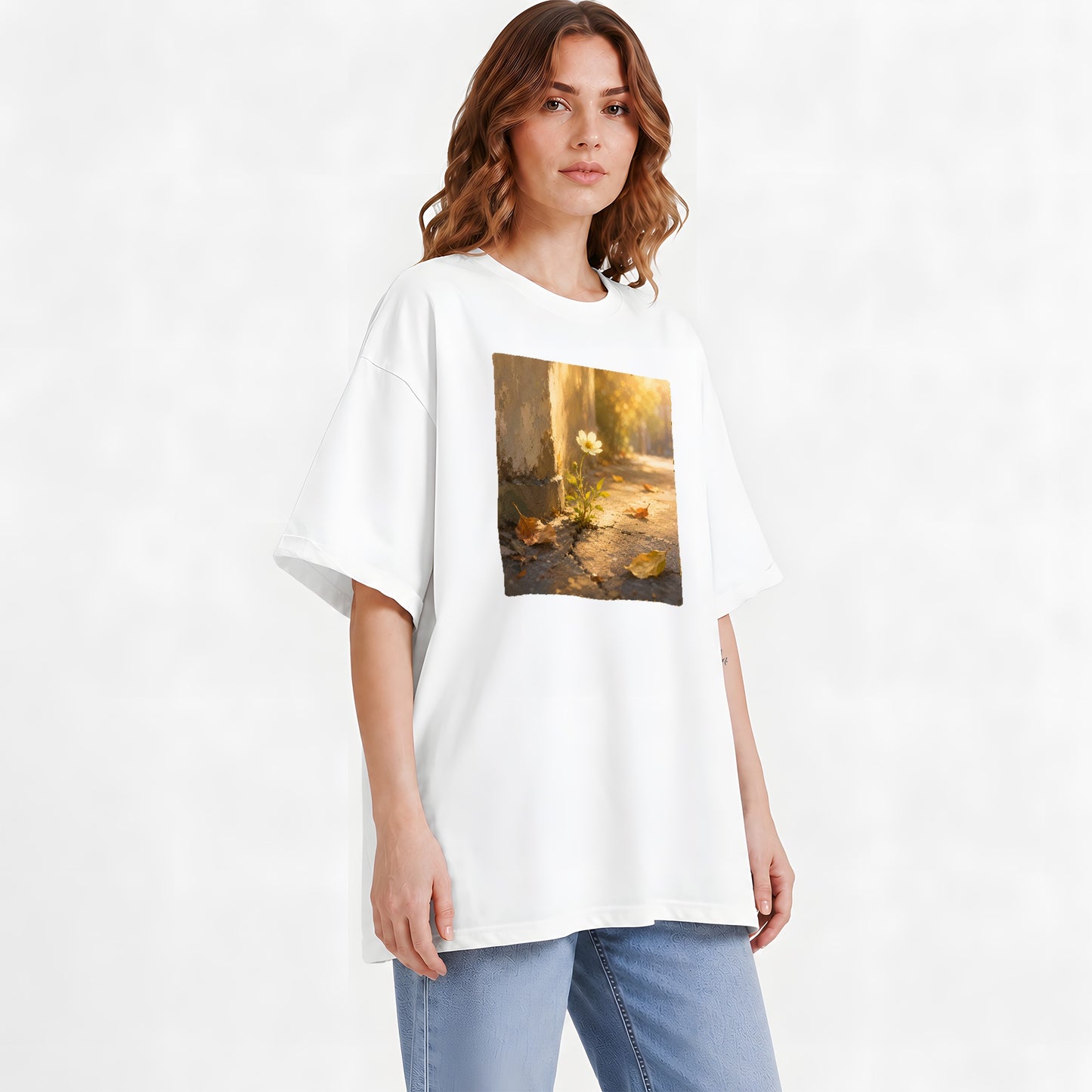 #pl[White] Resilient White Flower Graphic T-Shirt, Hopeful Nature Art