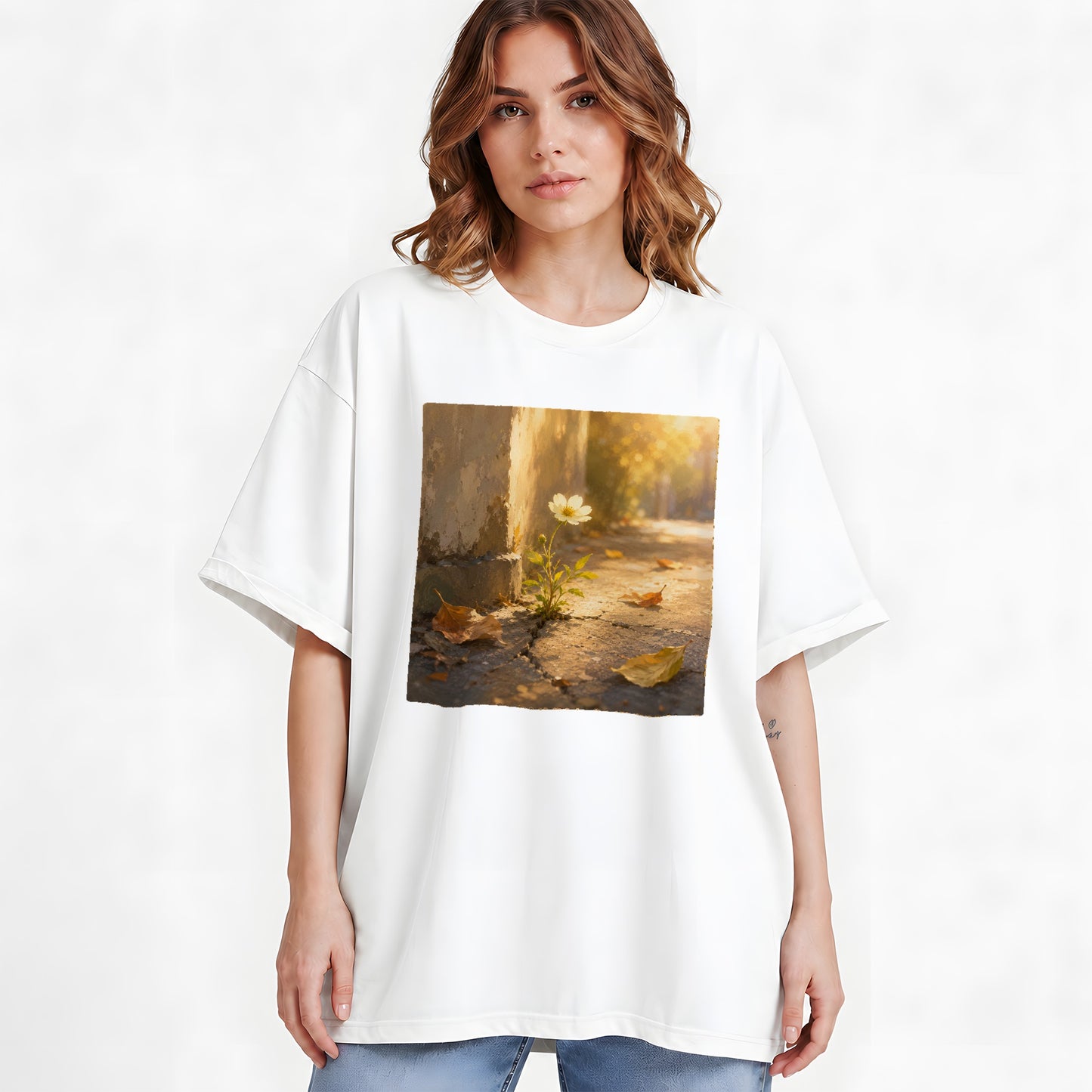 #pl[White] Resilient White Flower Graphic T-Shirt, Hopeful Nature Art
