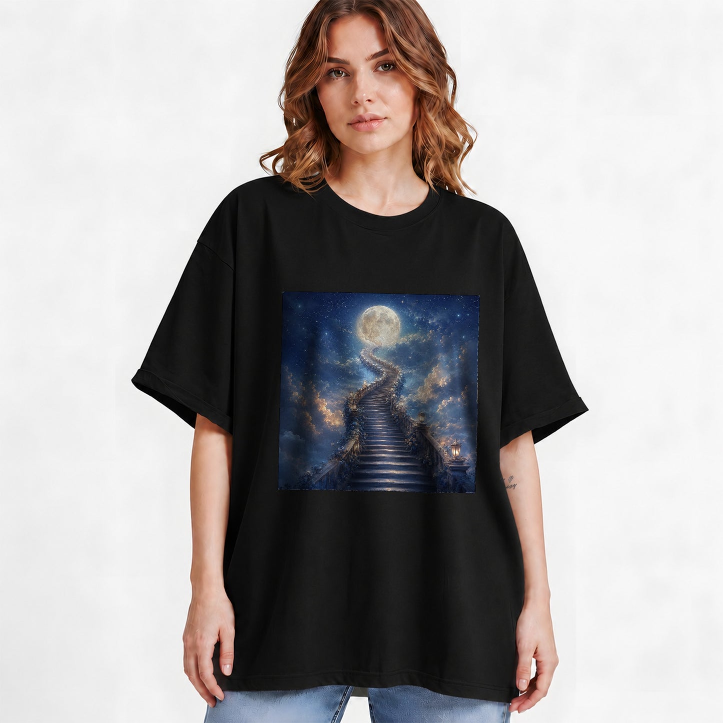 #pl[Black] Moon Stairway Graphic T-Shirt, Celestial Dreamscape Art