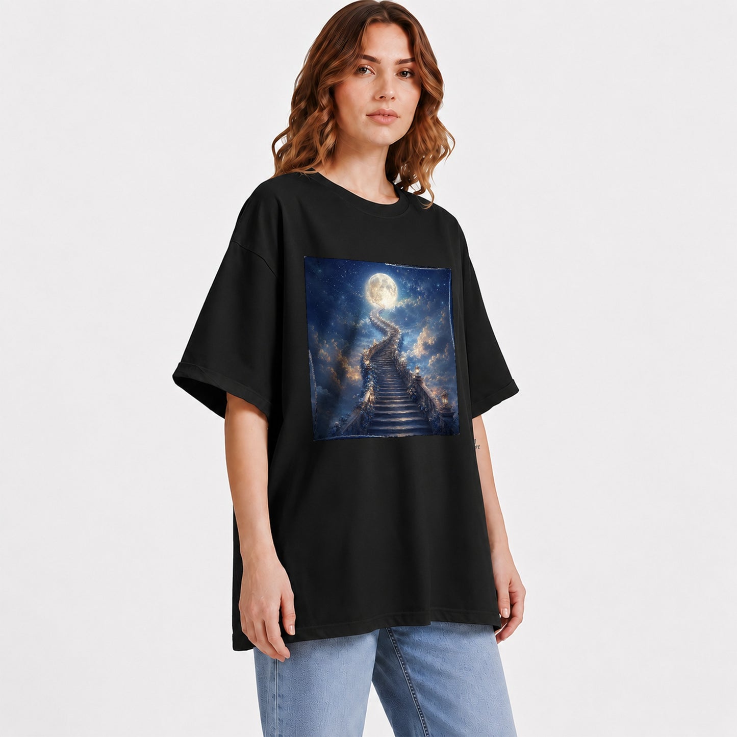 #pl[Black] Moon Stairway Graphic T-Shirt, Celestial Dreamscape Art